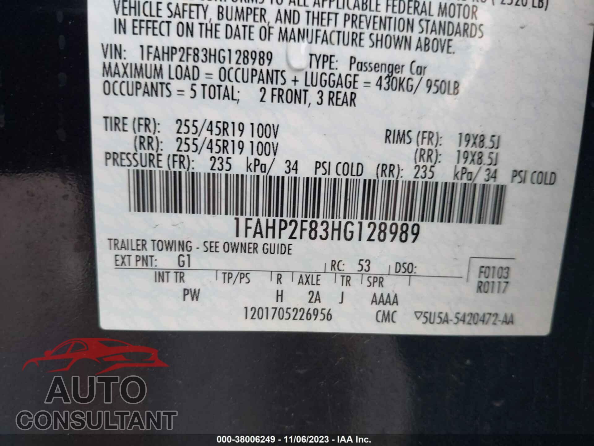 FORD TAURUS 2017 - 1FAHP2F83HG128989