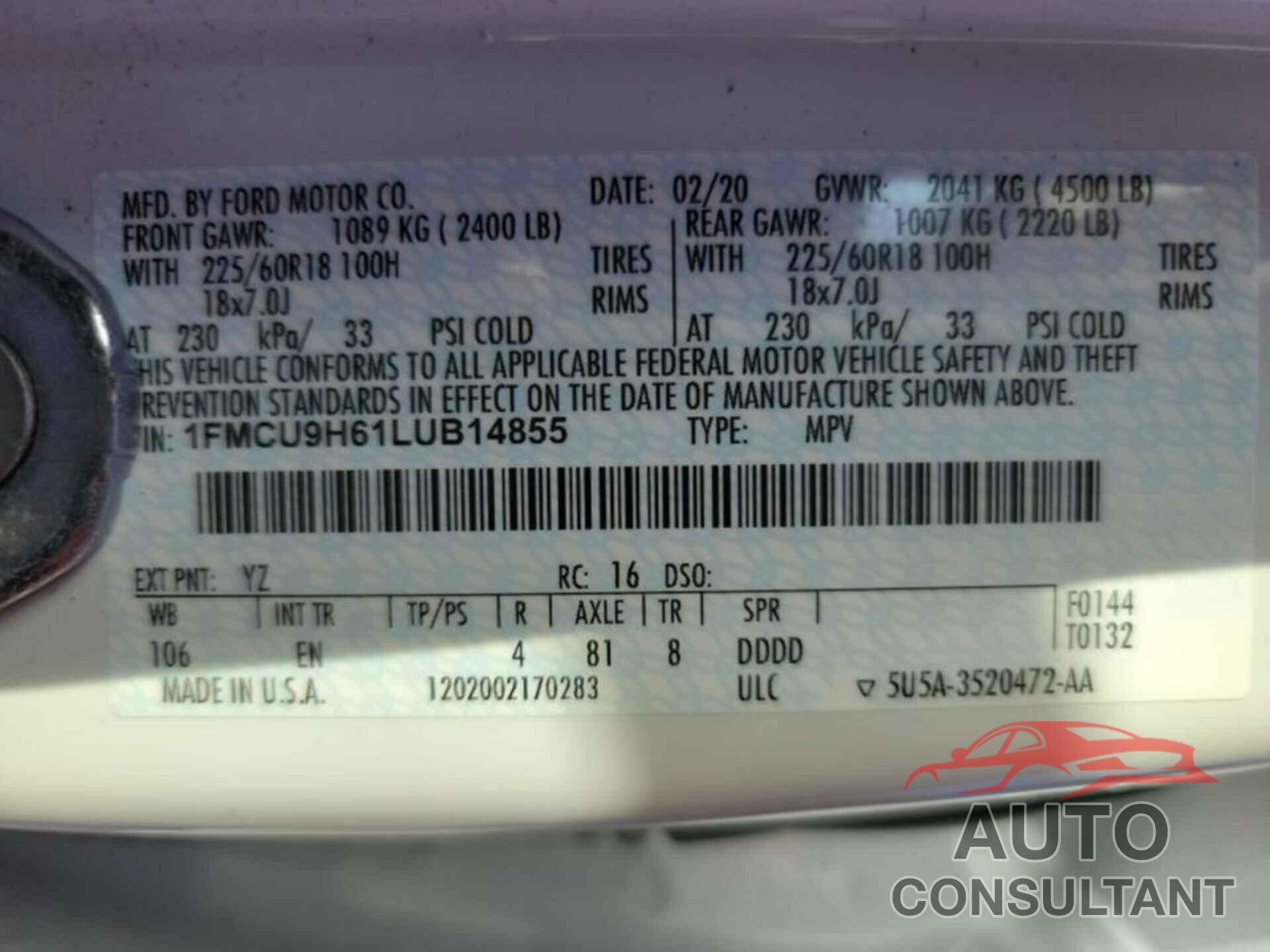 FORD ESCAPE 2020 - 1FMCU9H61LUB14855