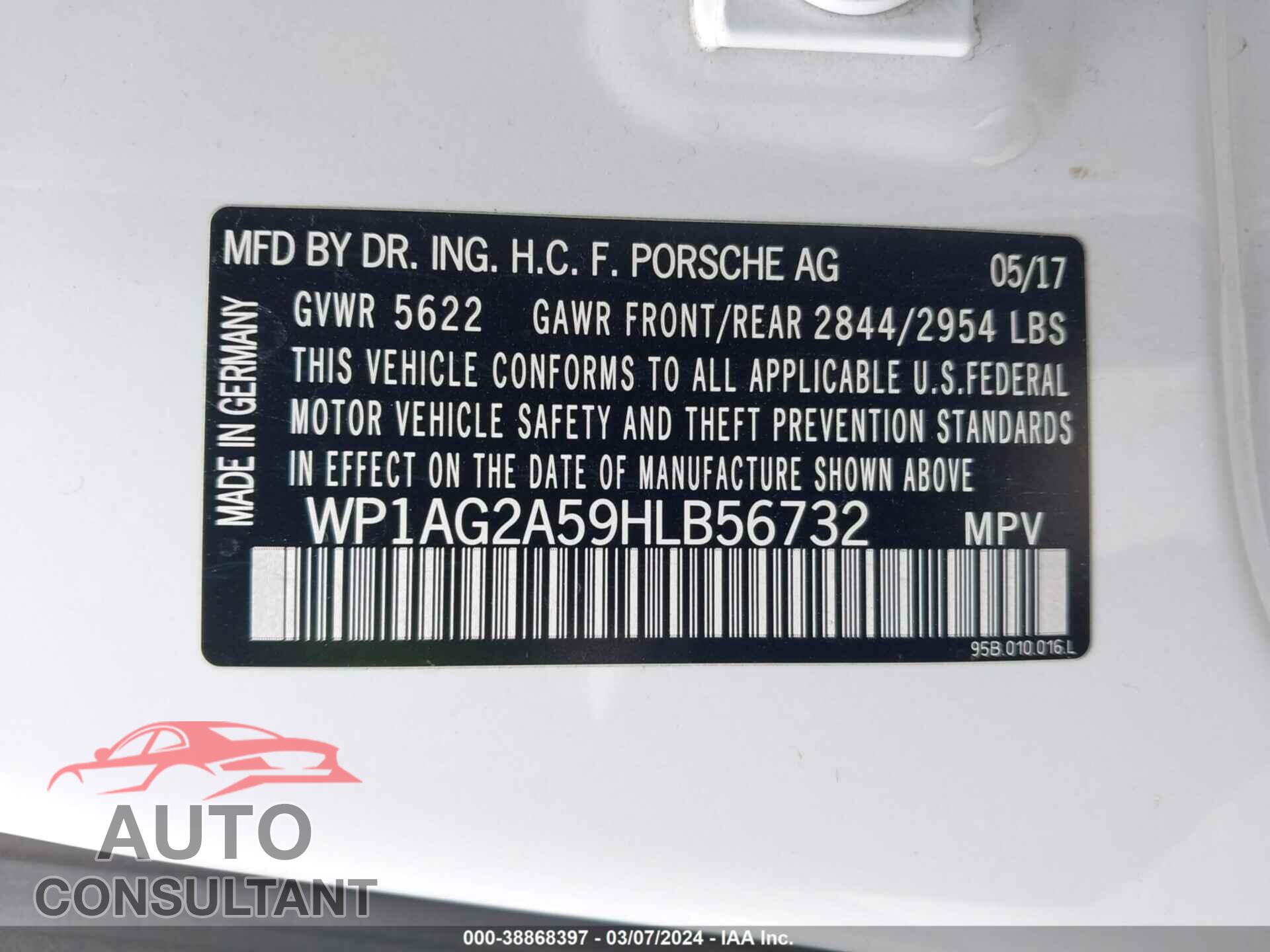PORSCHE MACAN 2017 - WP1AG2A59HLB56732