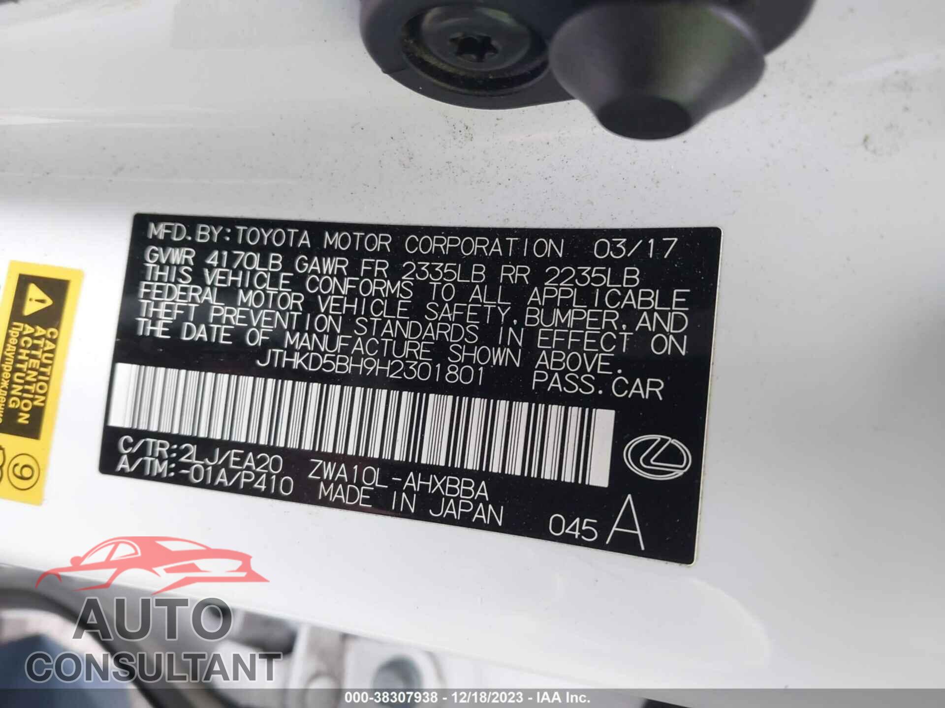 LEXUS CT 2017 - JTHKD5BH9H2301801