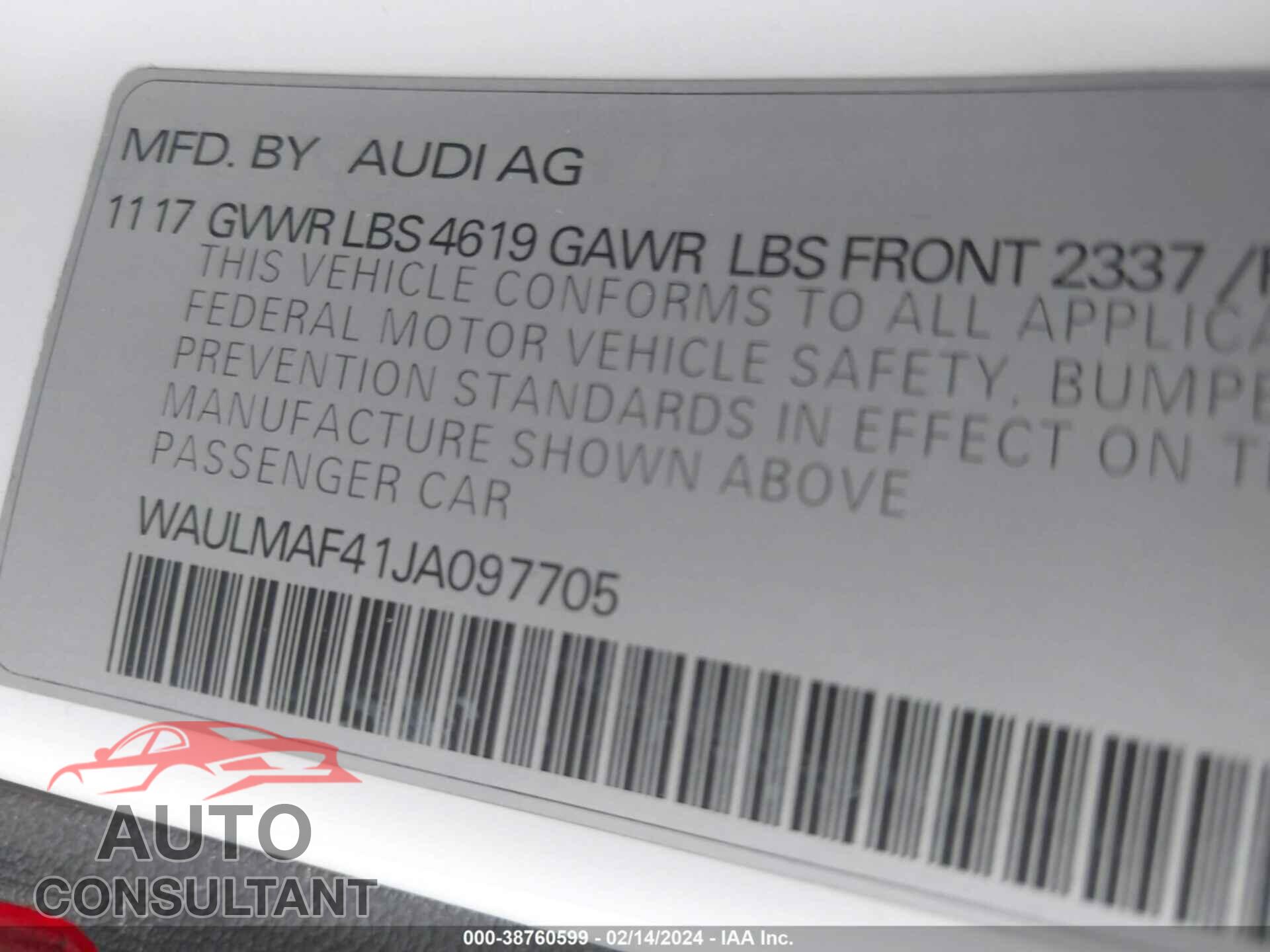 AUDI A4 2018 - WAULMAF41JA097705
