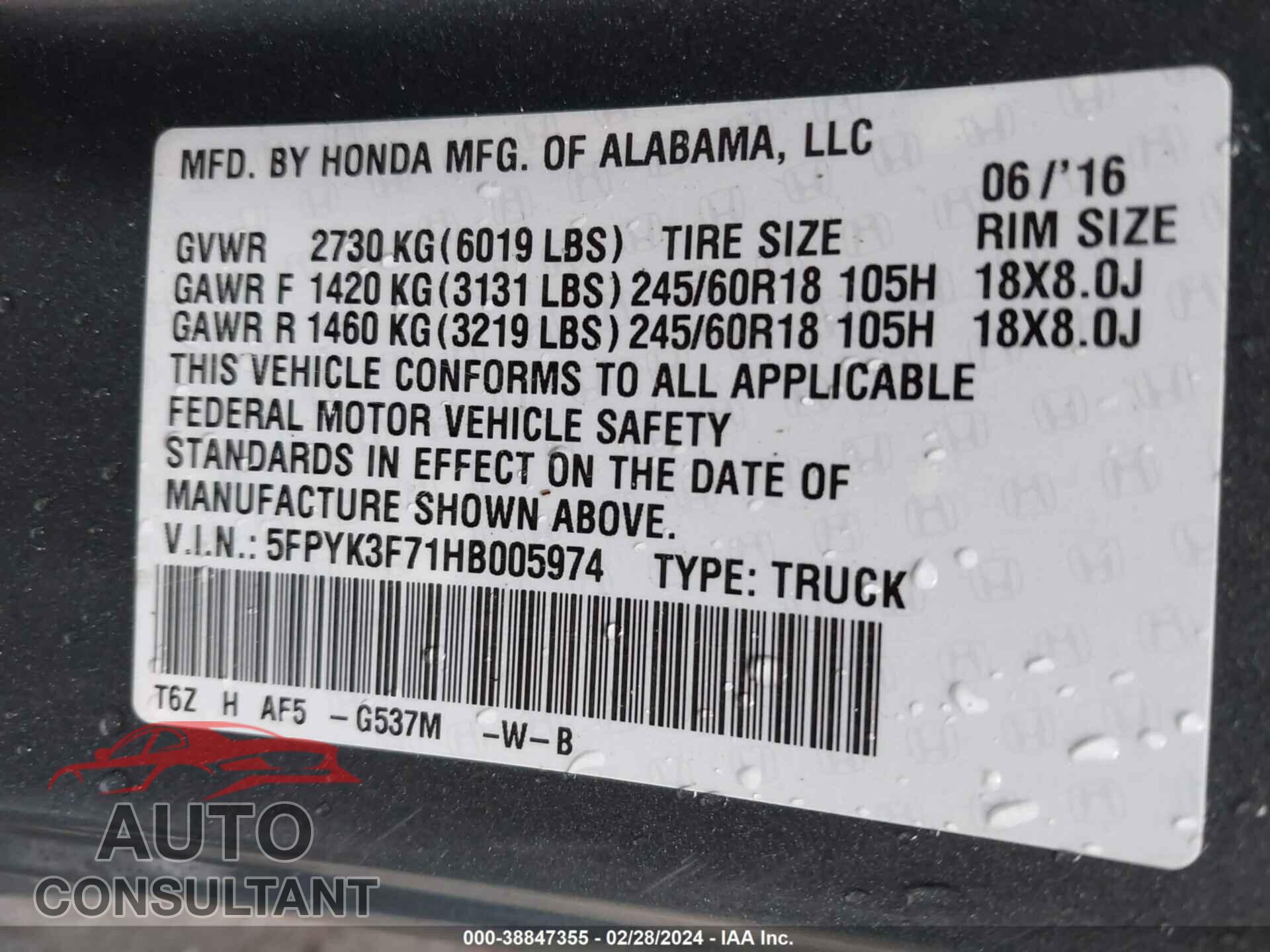 HONDA RIDGELINE 2017 - 5FPYK3F71HB005974