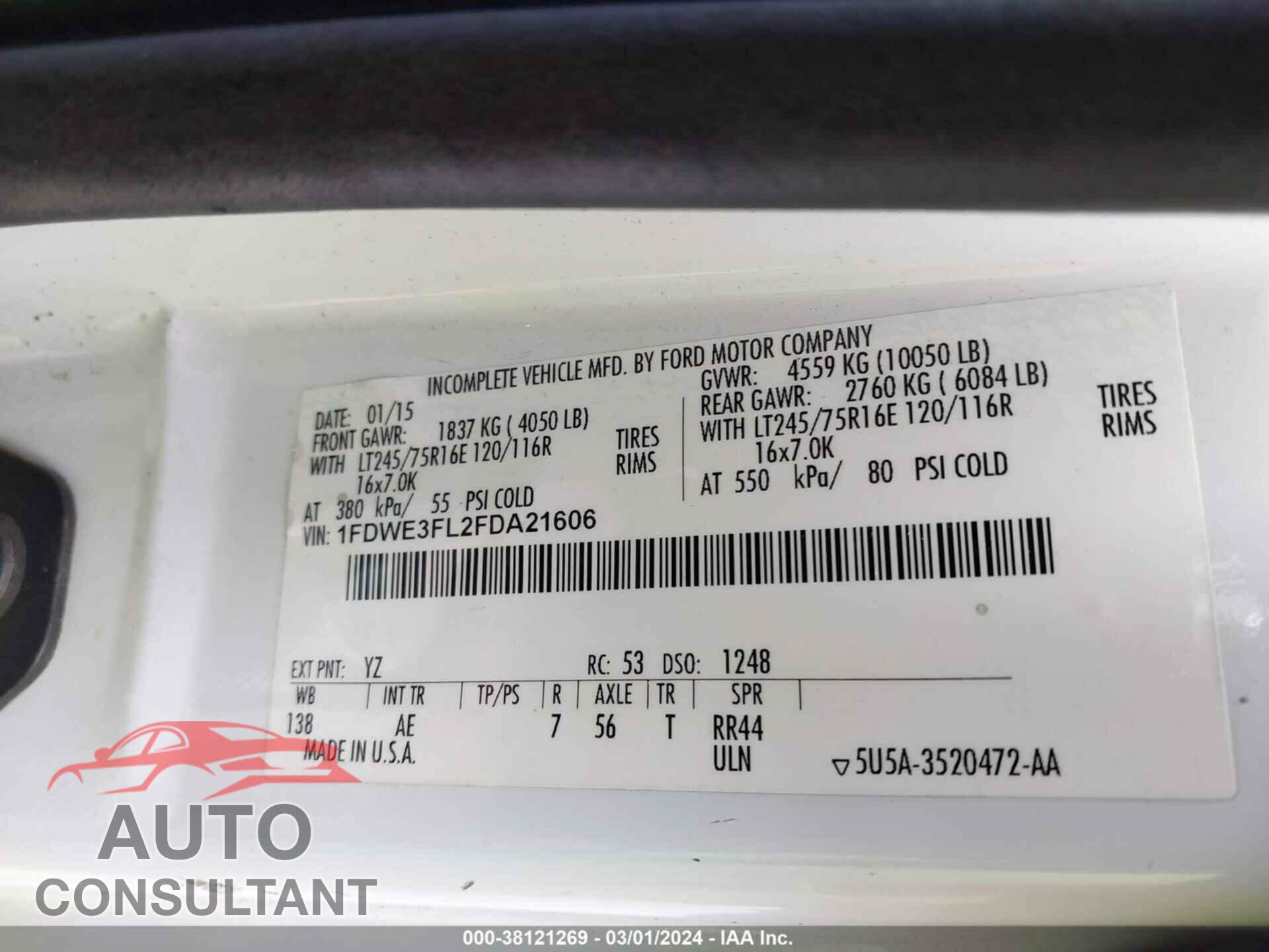 FORD E-350 CUTAWAY 2015 - 1FDWE3FL2FDA21606