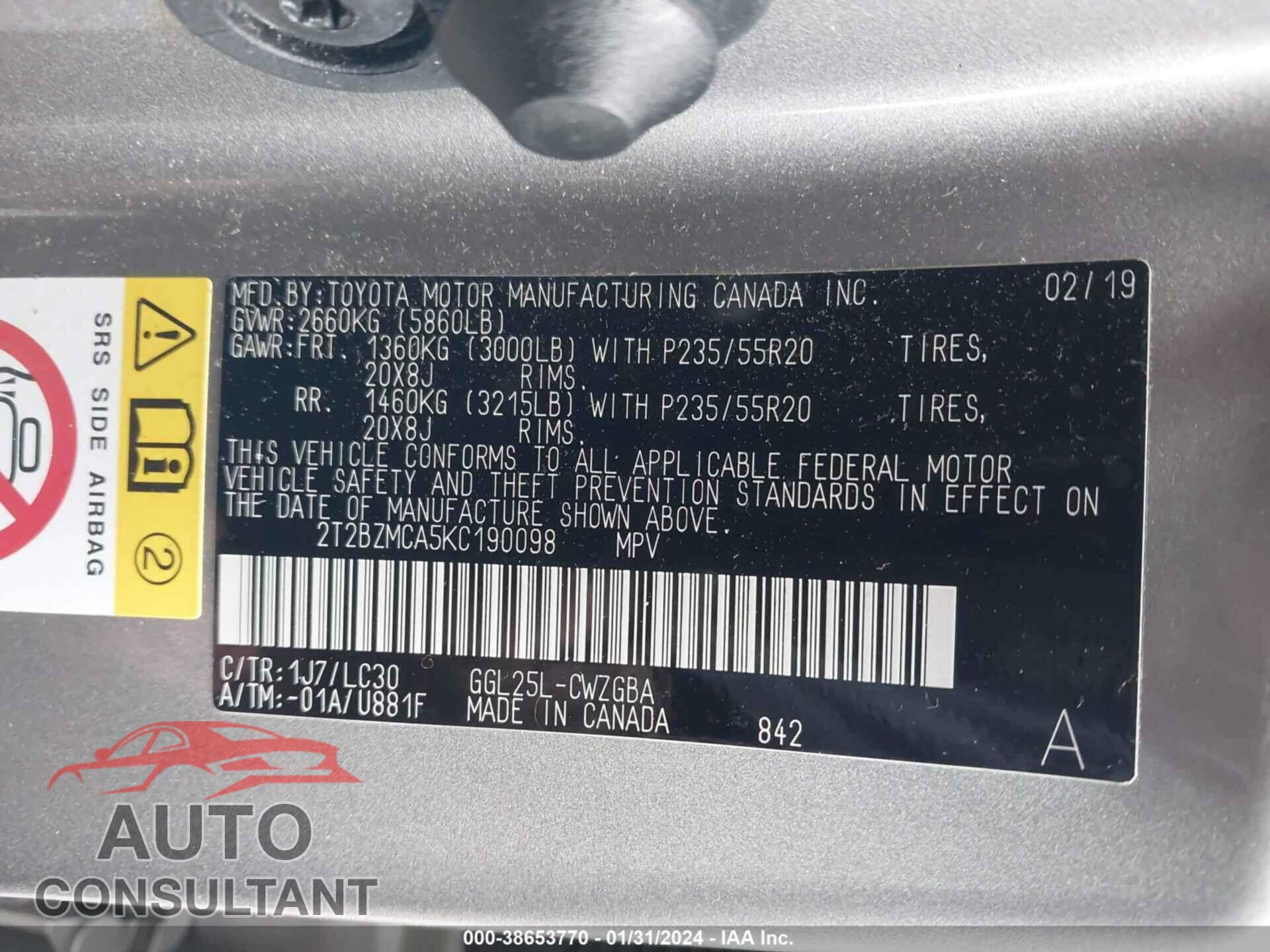 LEXUS RX 350 2019 - 2T2BZMCA5KC190098