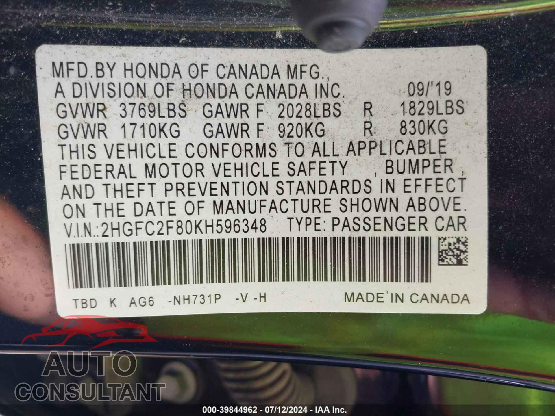 HONDA CIVIC 2019 - 2HGFC2F80KH596348