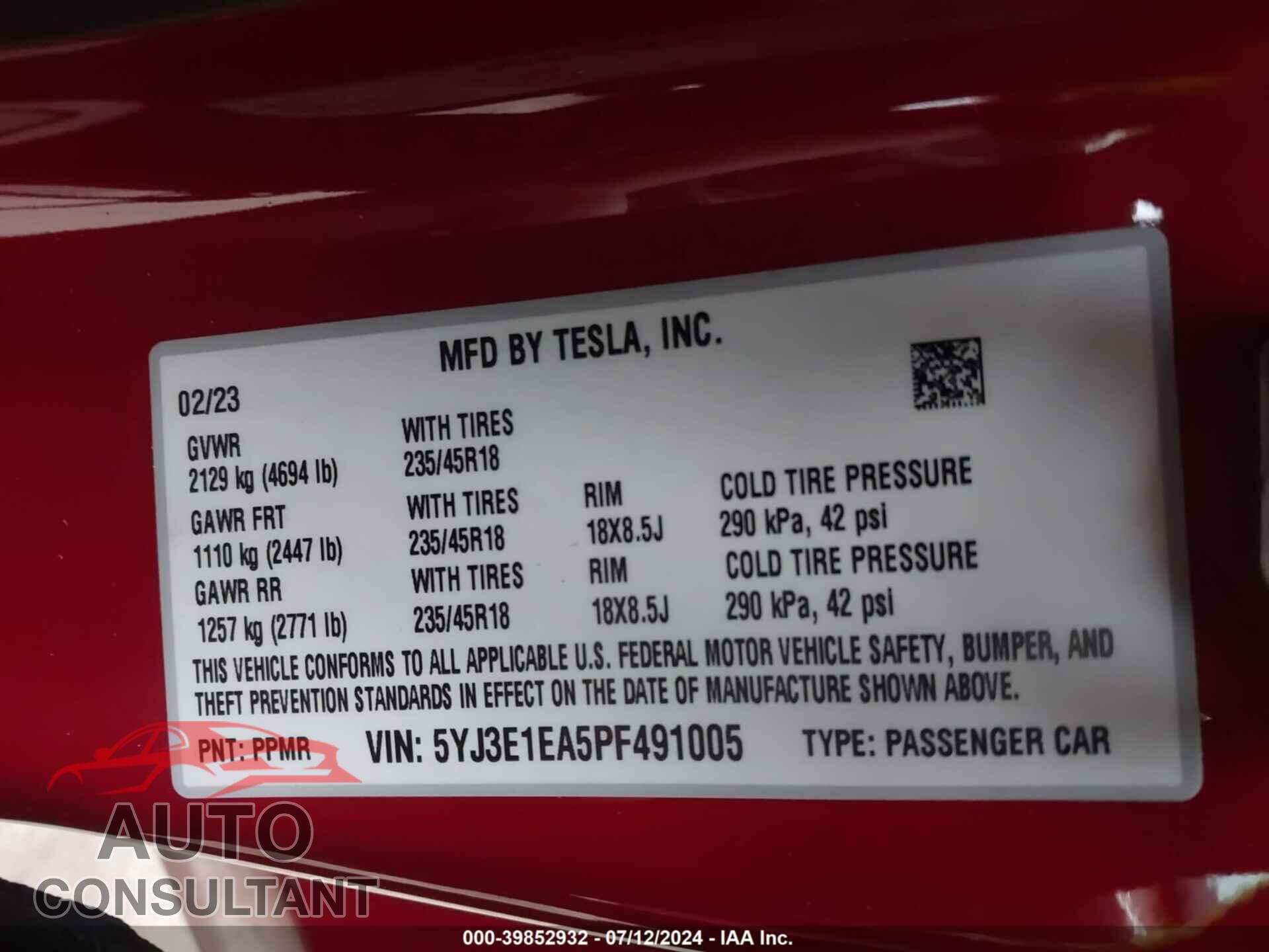 TESLA MODEL 3 2023 - 5YJ3E1EA5PF491005