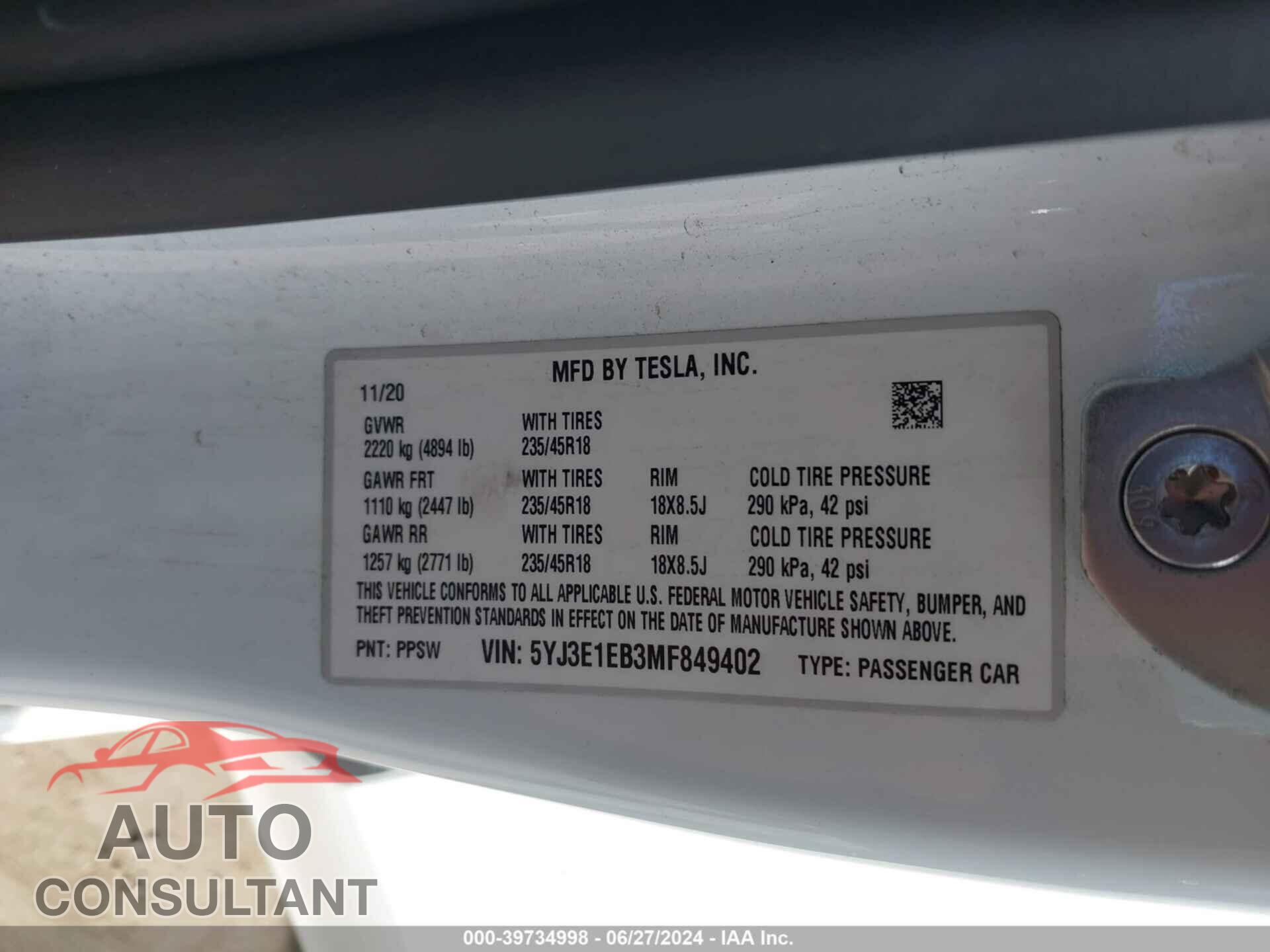 TESLA MODEL 3 2021 - 5YJ3E1EB3MF849402