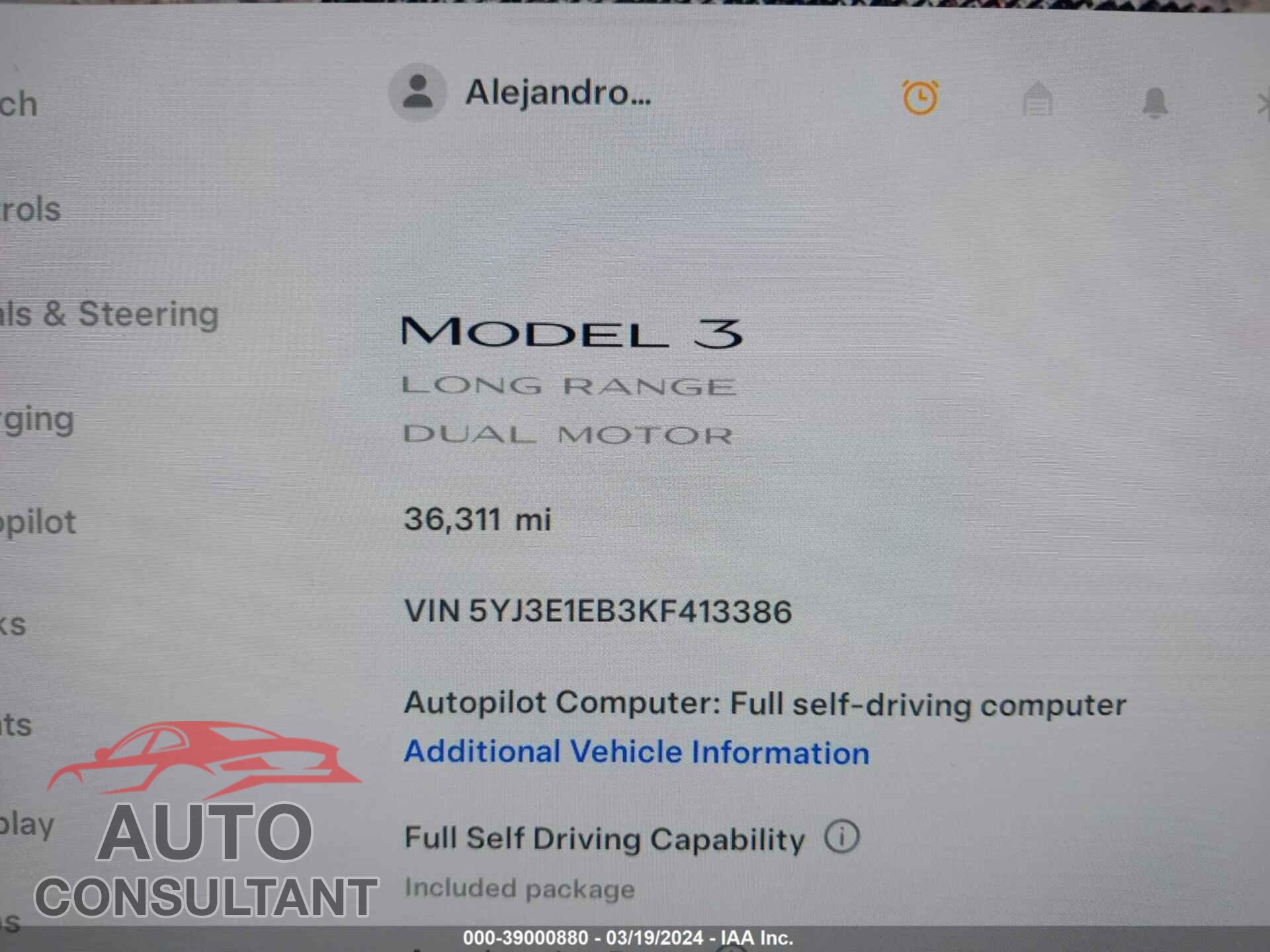 TESLA MODEL 3 2019 - 5YJ3E1EB3KF413386