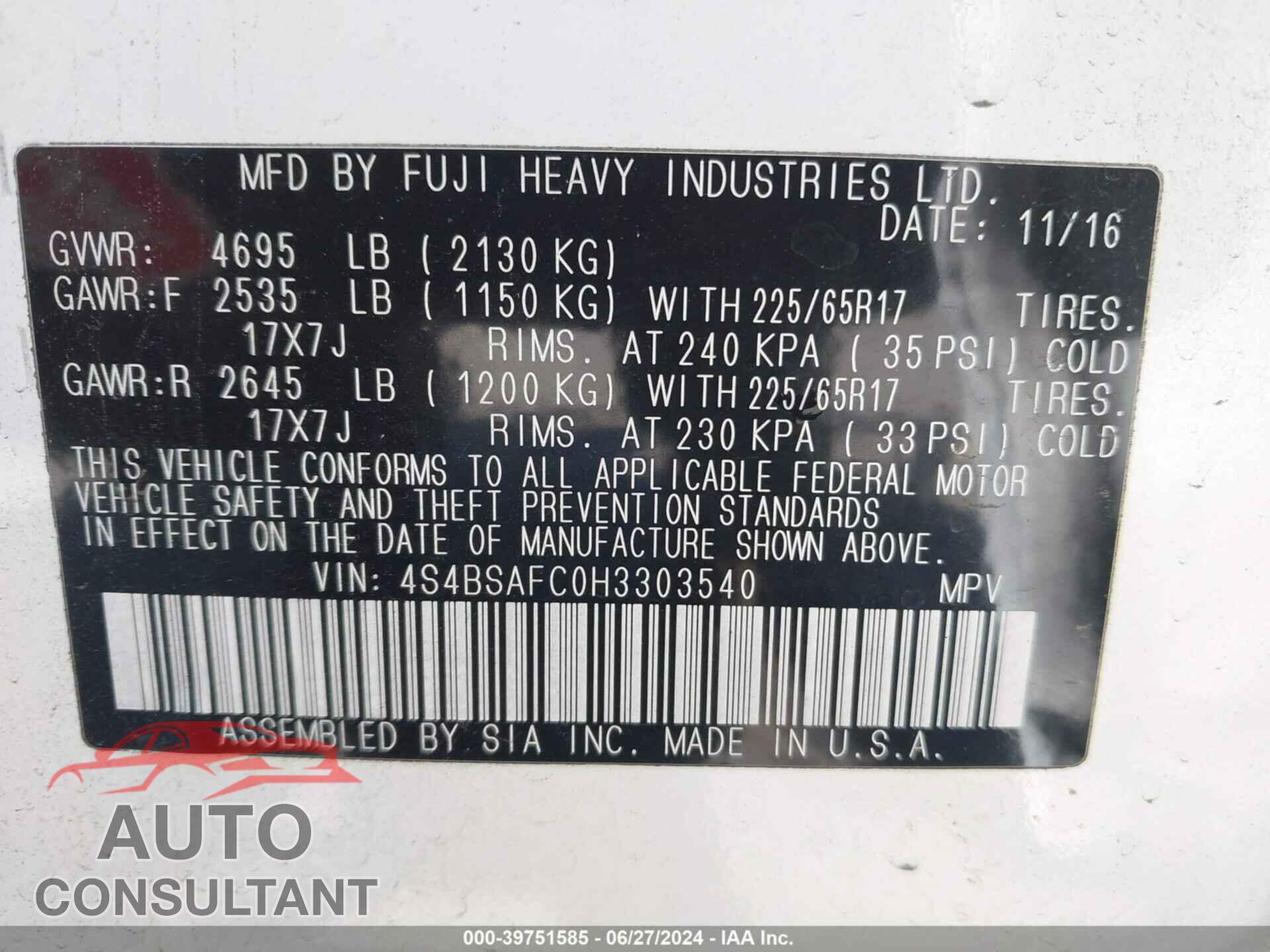SUBARU OUTBACK 2017 - 4S4BSAFC0H3303540