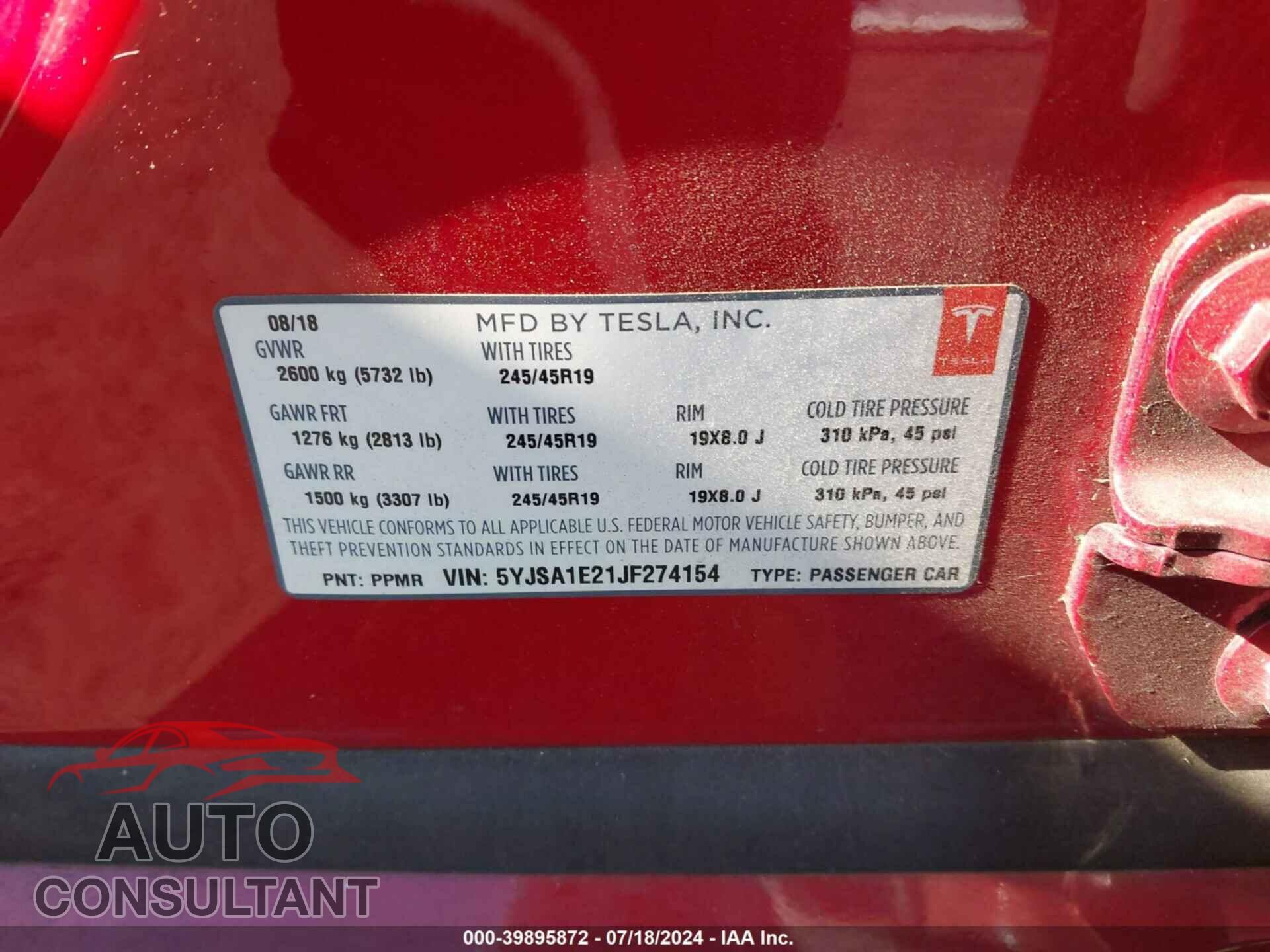 TESLA MODEL S 2018 - 5YJSA1E21JF274154