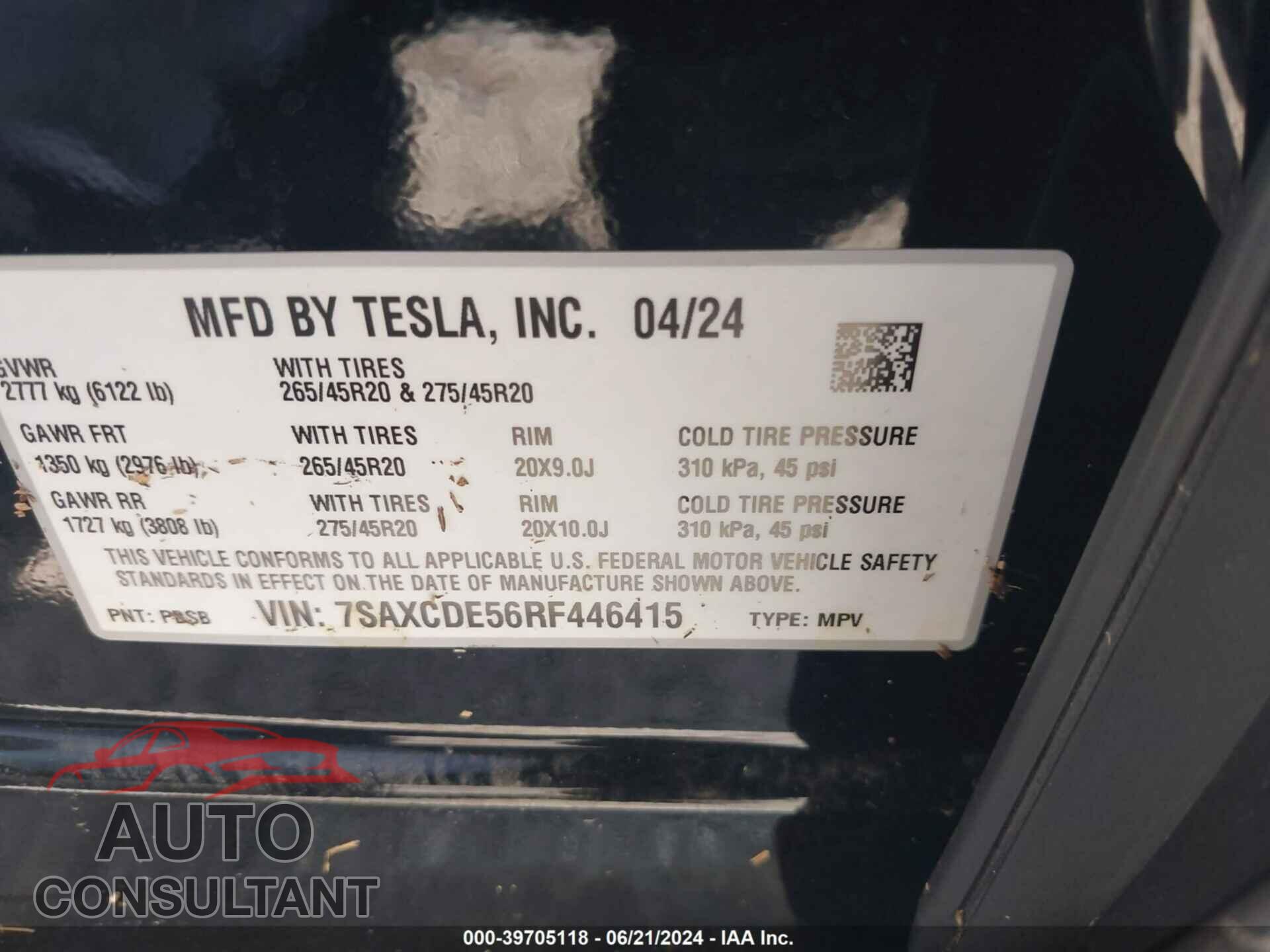 TESLA MODEL X 2024 - 7SAXCDE56RF446415