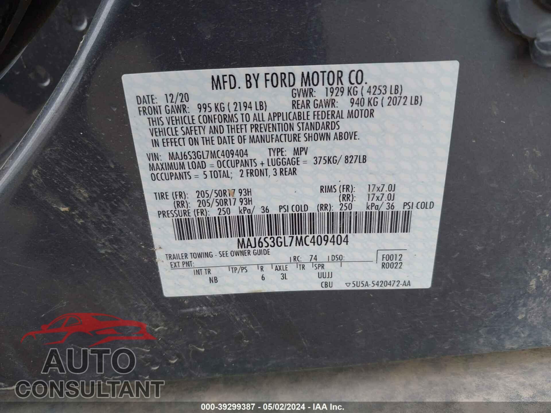 FORD ECOSPORT 2021 - MAJ6S3GL7MC409404