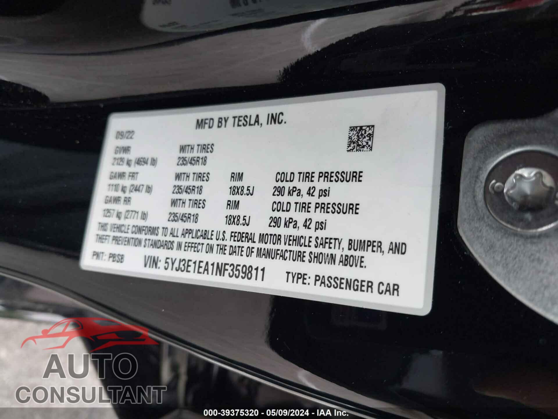 TESLA MODEL 3 2022 - 5YJ3E1EA1NF359811