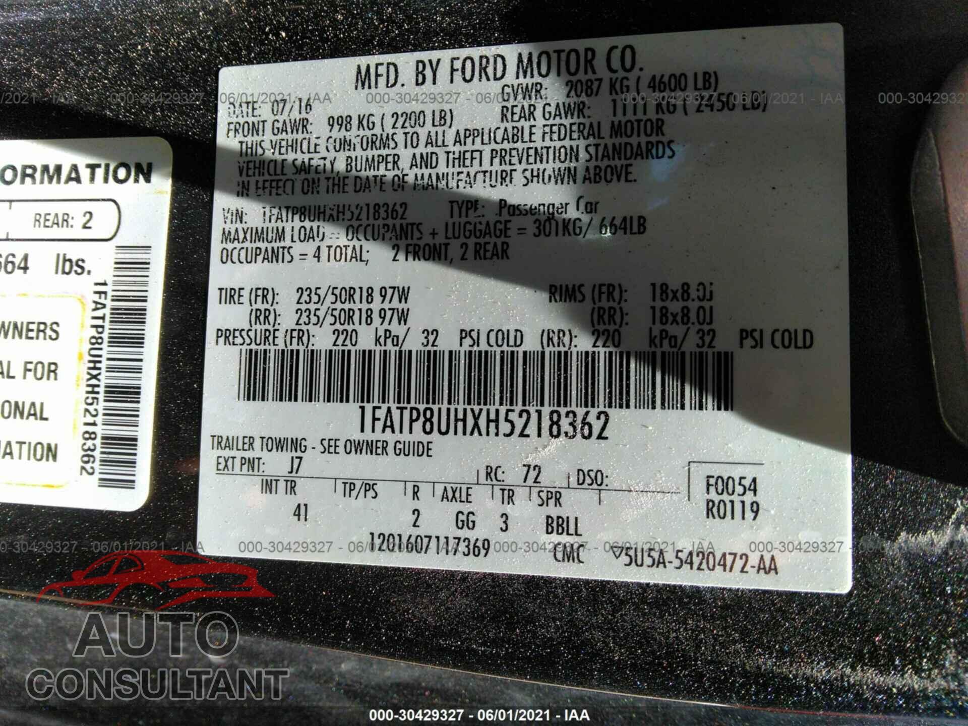 FORD MUSTANG 2017 - 1FATP8UHXH5218362