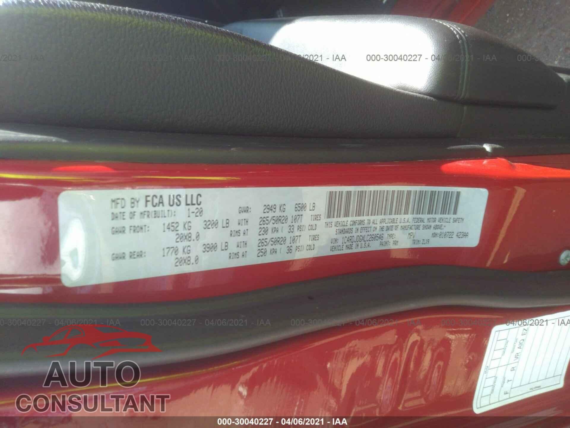 DODGE DURANGO 2020 - 1C4RDJDGXLC260546