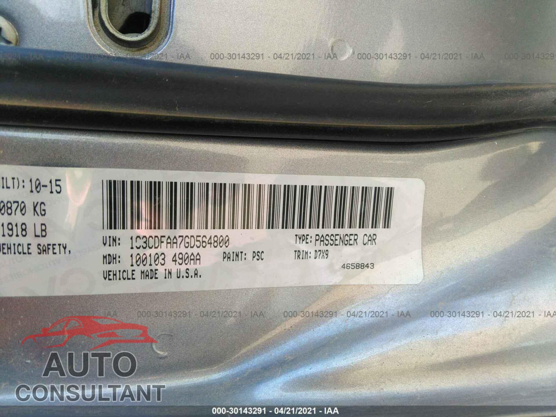 DODGE DART 2016 - 1C3CDFAA7GD564800
