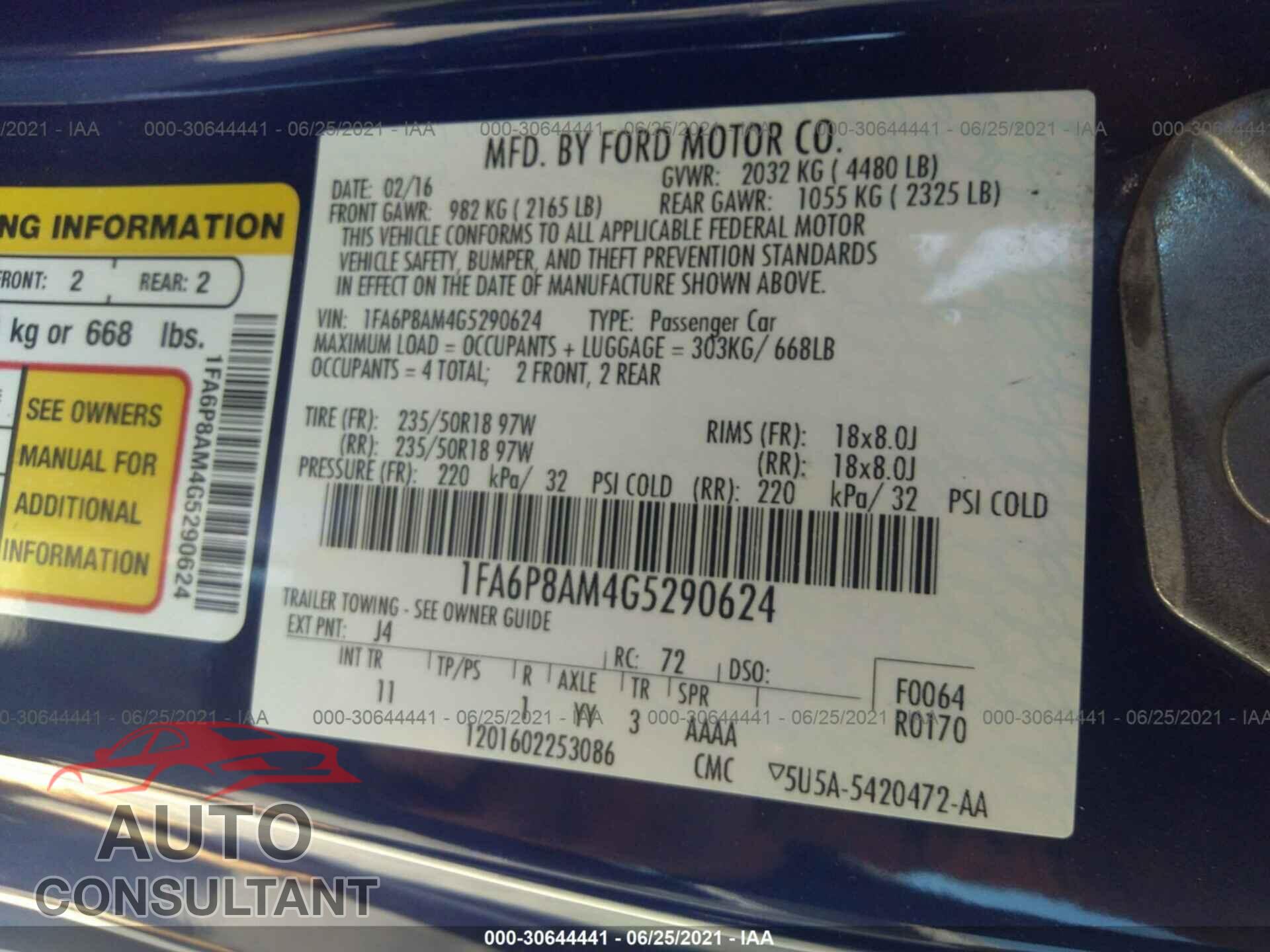 FORD MUSTANG 2016 - 1FA6P8AM4G5290624
