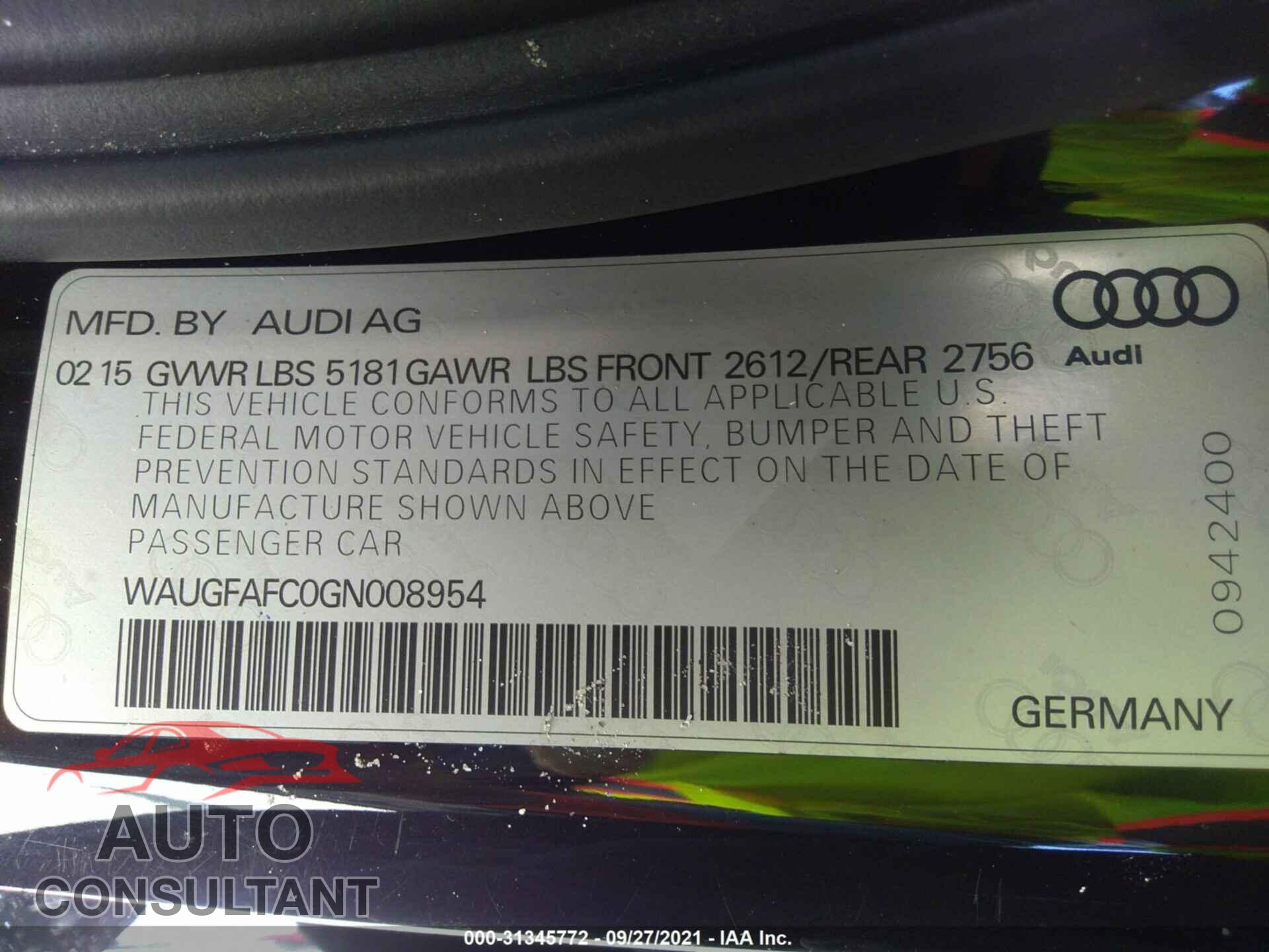 AUDI A6 2016 - WAUGFAFC0GN008954
