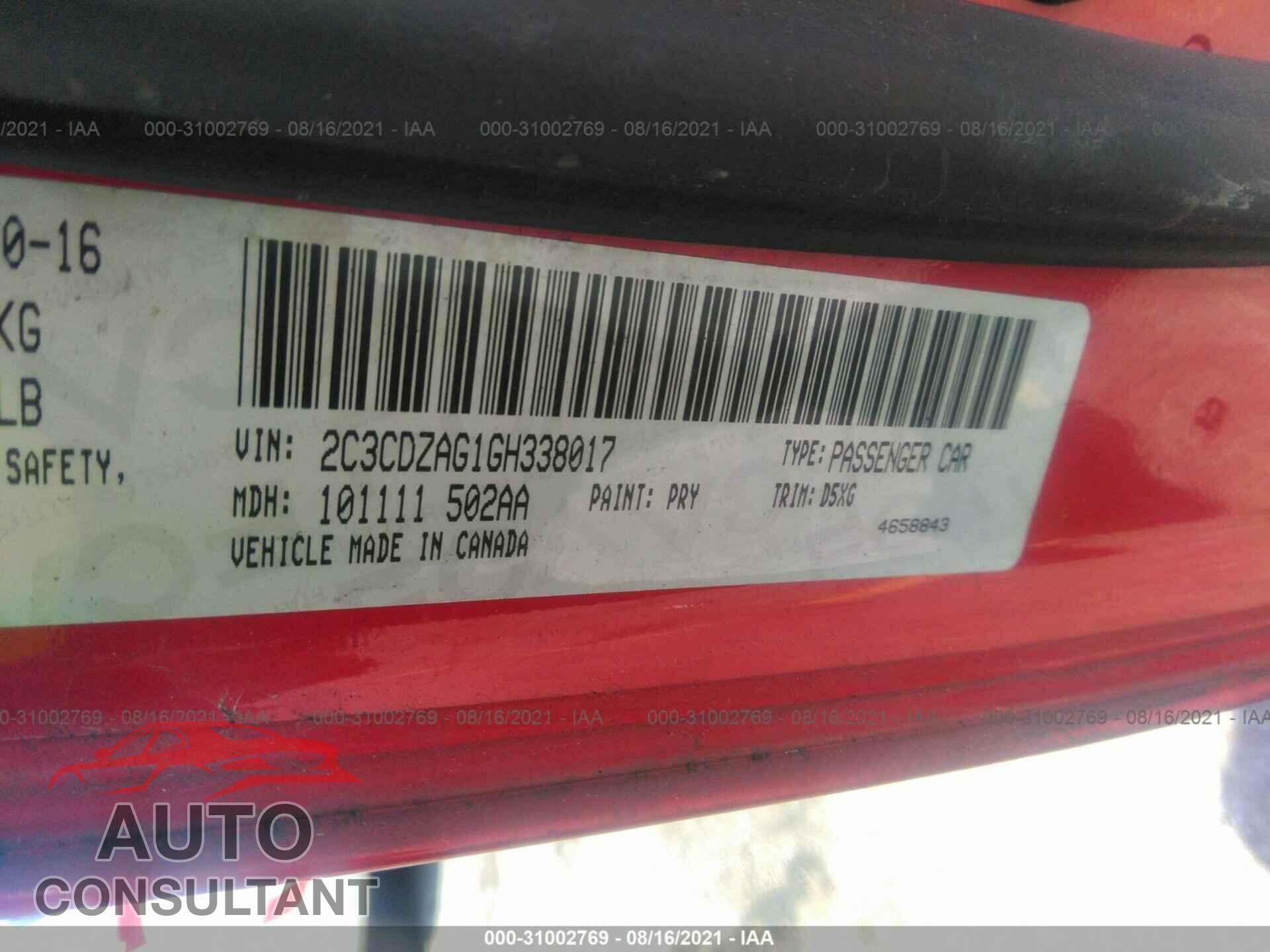 DODGE CHALLENGER 2016 - 2C3CDZAG1GH338017