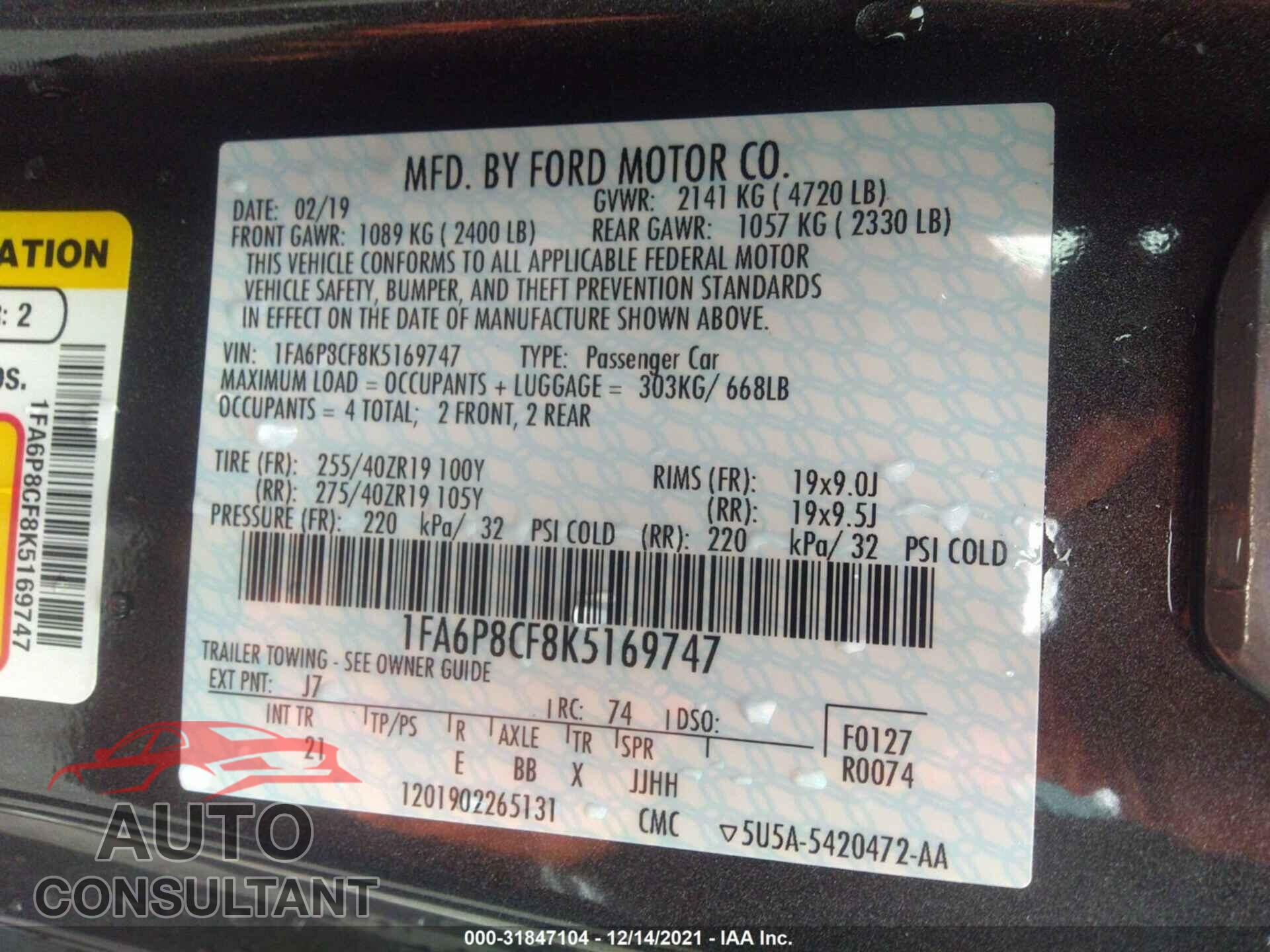 FORD MUSTANG 2019 - 1FA6P8CF8K5169747