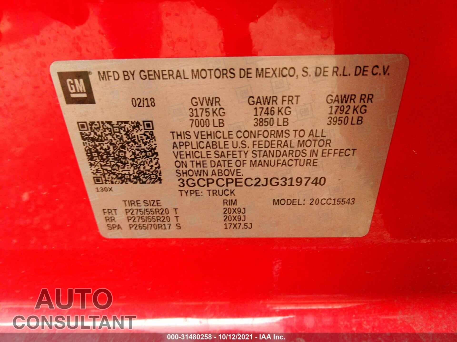 CHEVROLET SILVERADO 1500 2018 - 3GCPCPEC2JG319740