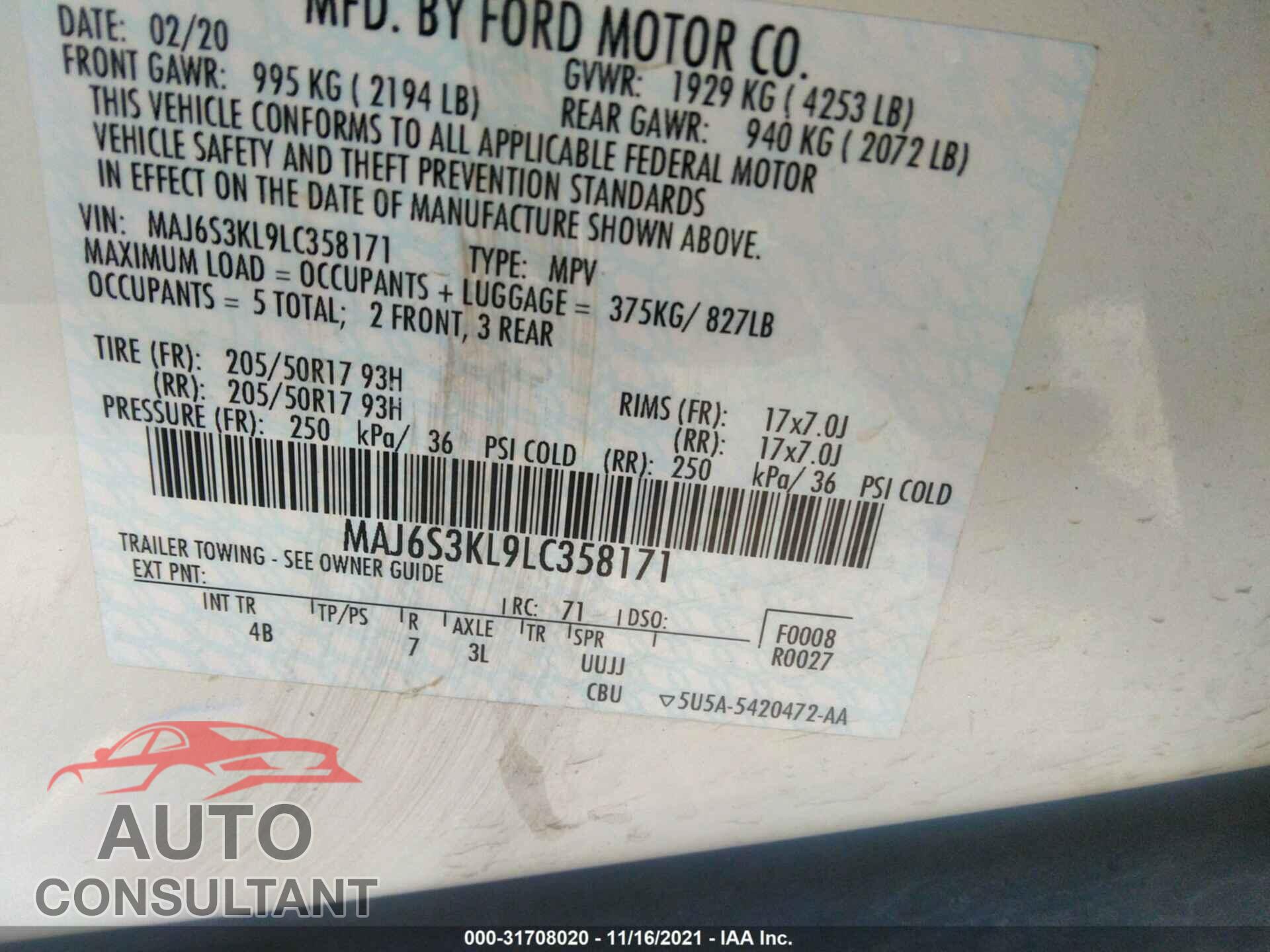 FORD ECOSPORT 2020 - MAJ6S3KL9LC358171