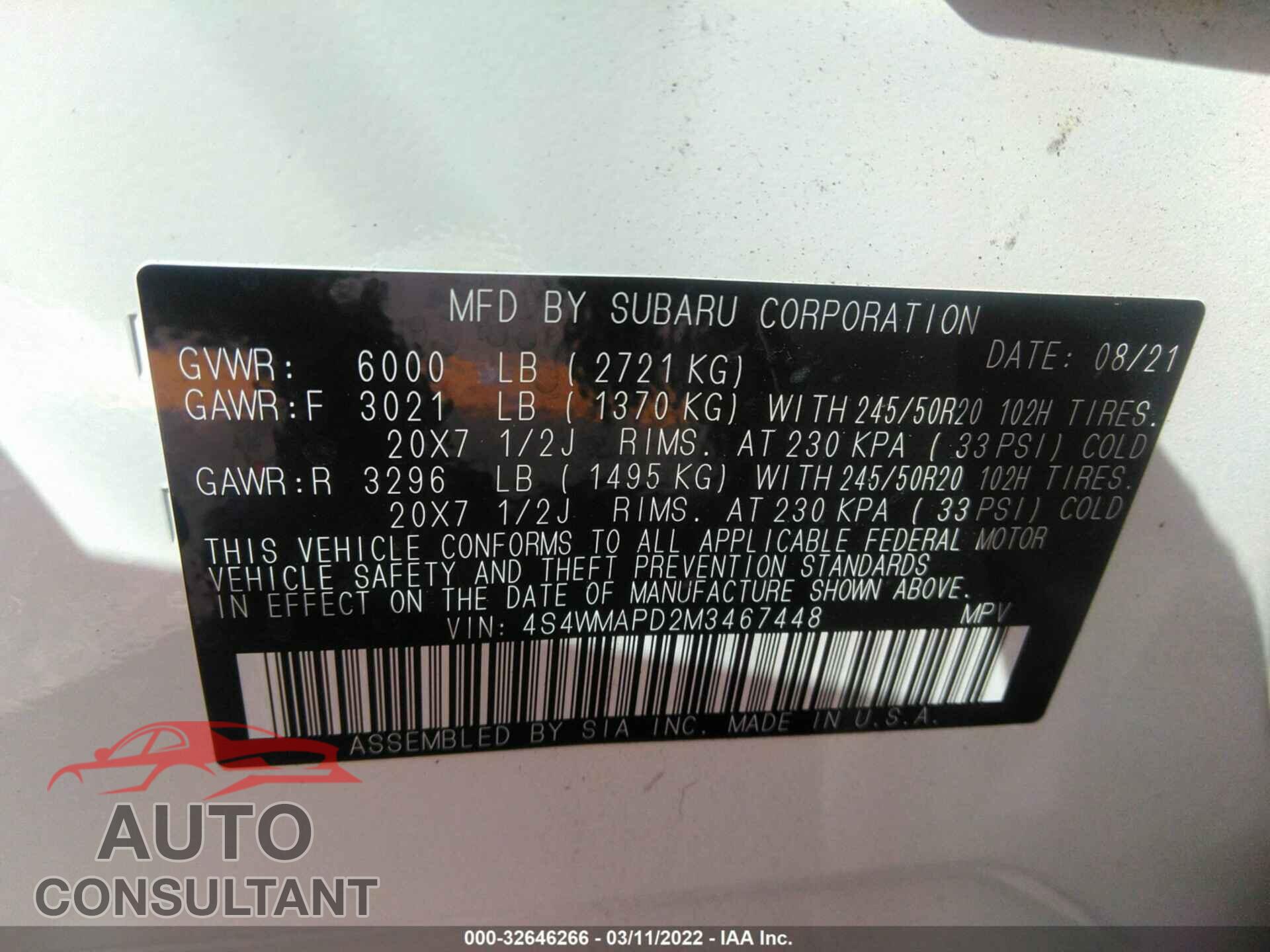 SUBARU ASCENT 2021 - 4S4WMAPD2M3467448