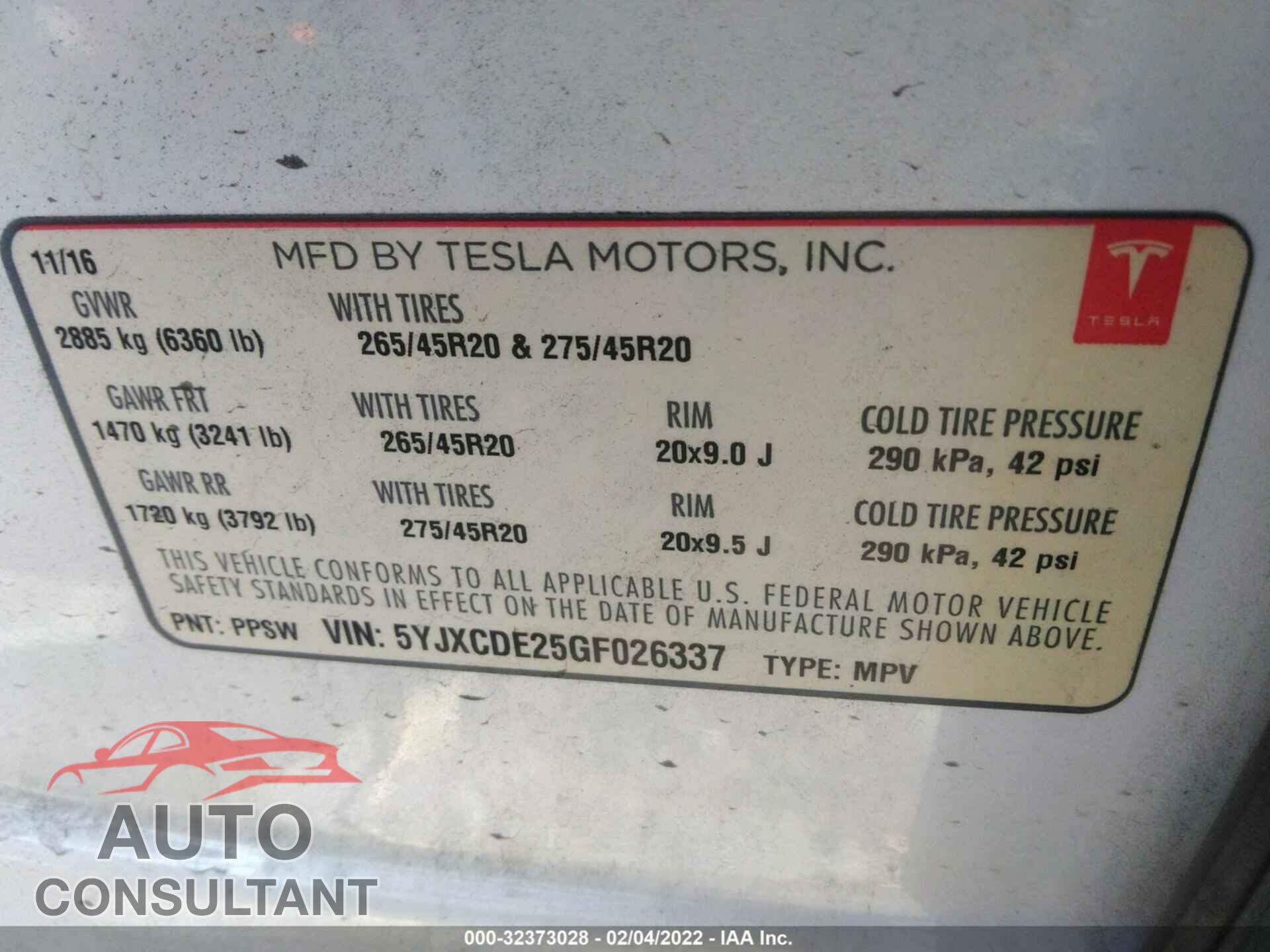 TESLA MODEL X 2016 - 5YJXCDE25GF026337