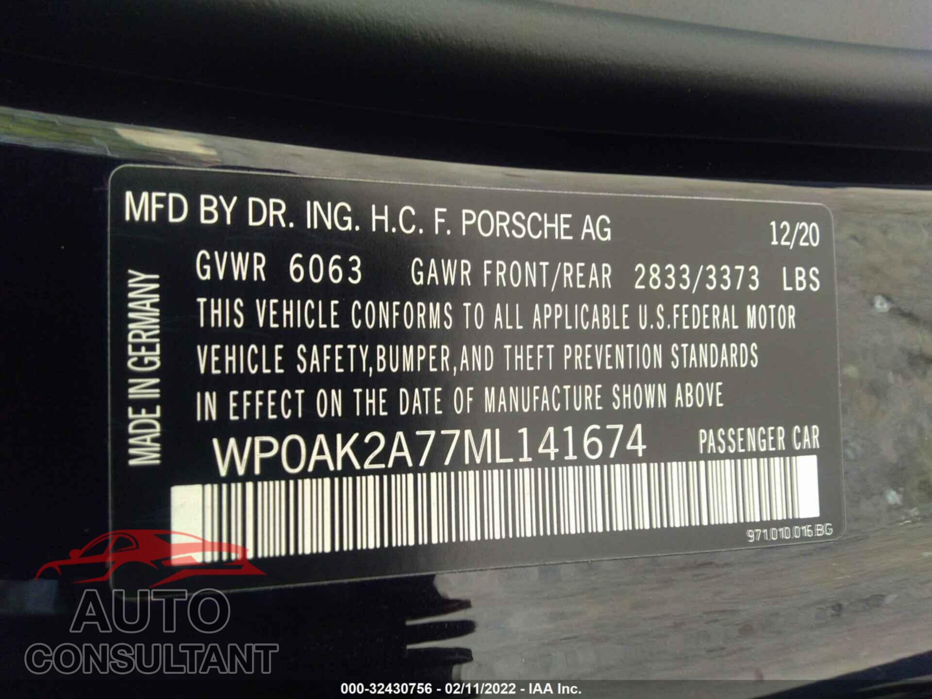 PORSCHE PANAMERA 2021 - WP0AK2A77ML141674