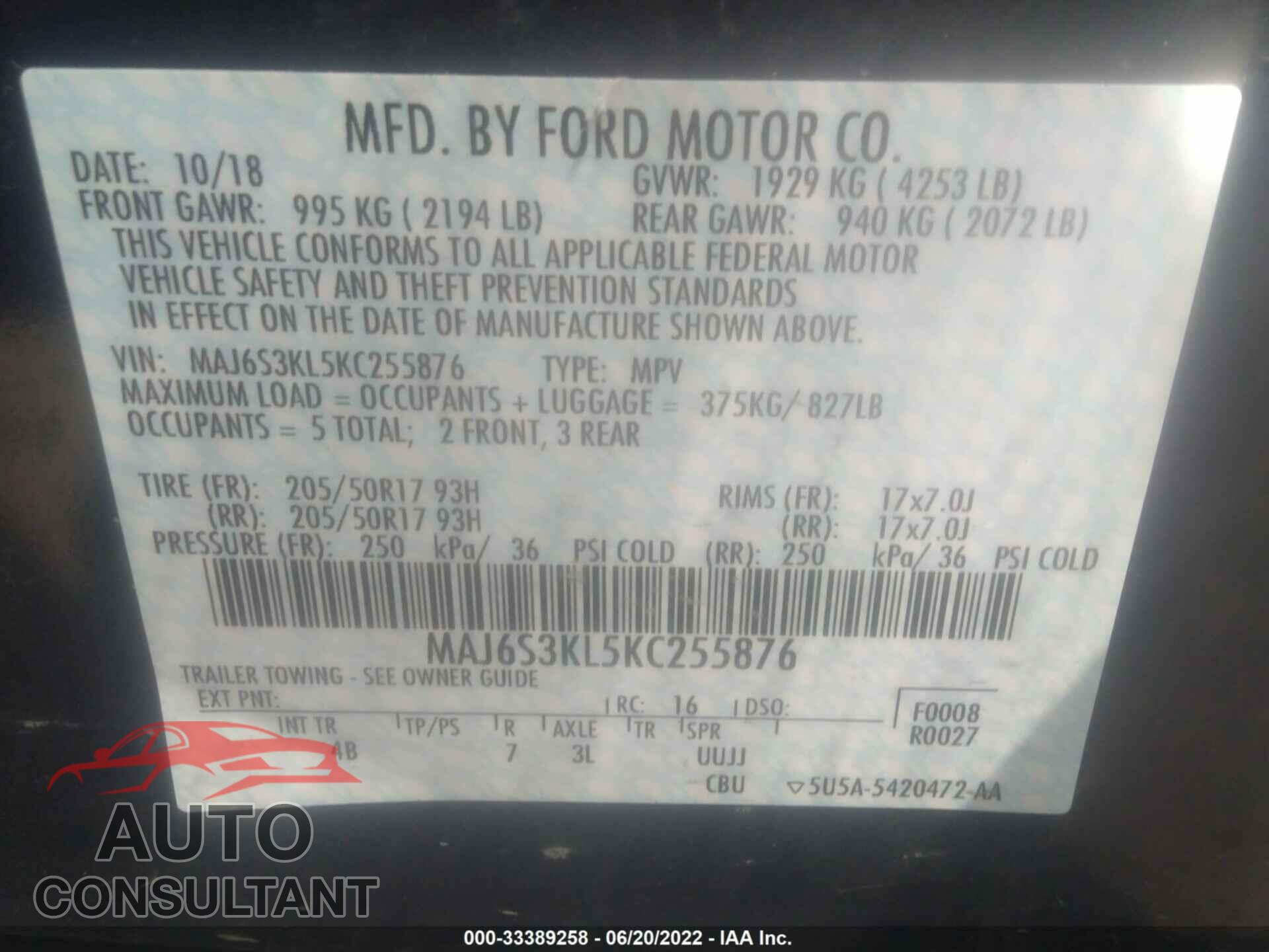 FORD ECOSPORT 2019 - MAJ6S3KL5KC255876