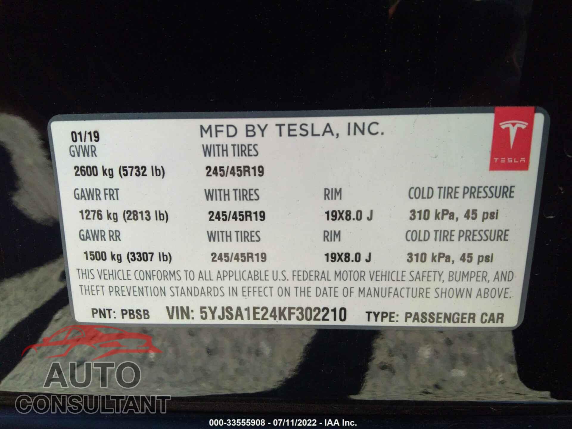 TESLA MODEL S 2019 - 5YJSA1E24KF302210