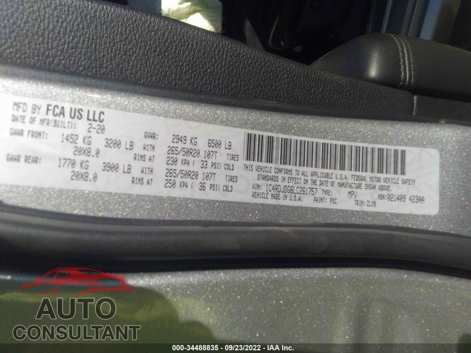 DODGE DURANGO 2020 - 1C4RDJDG6LC261757