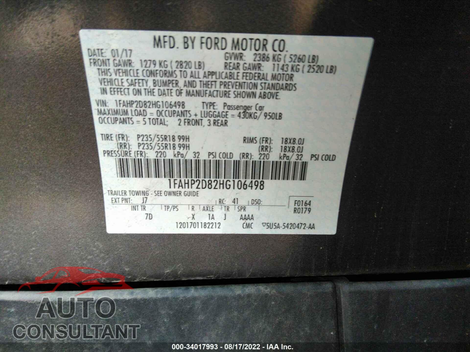 FORD TAURUS 2017 - 1FAHP2D82HG106498