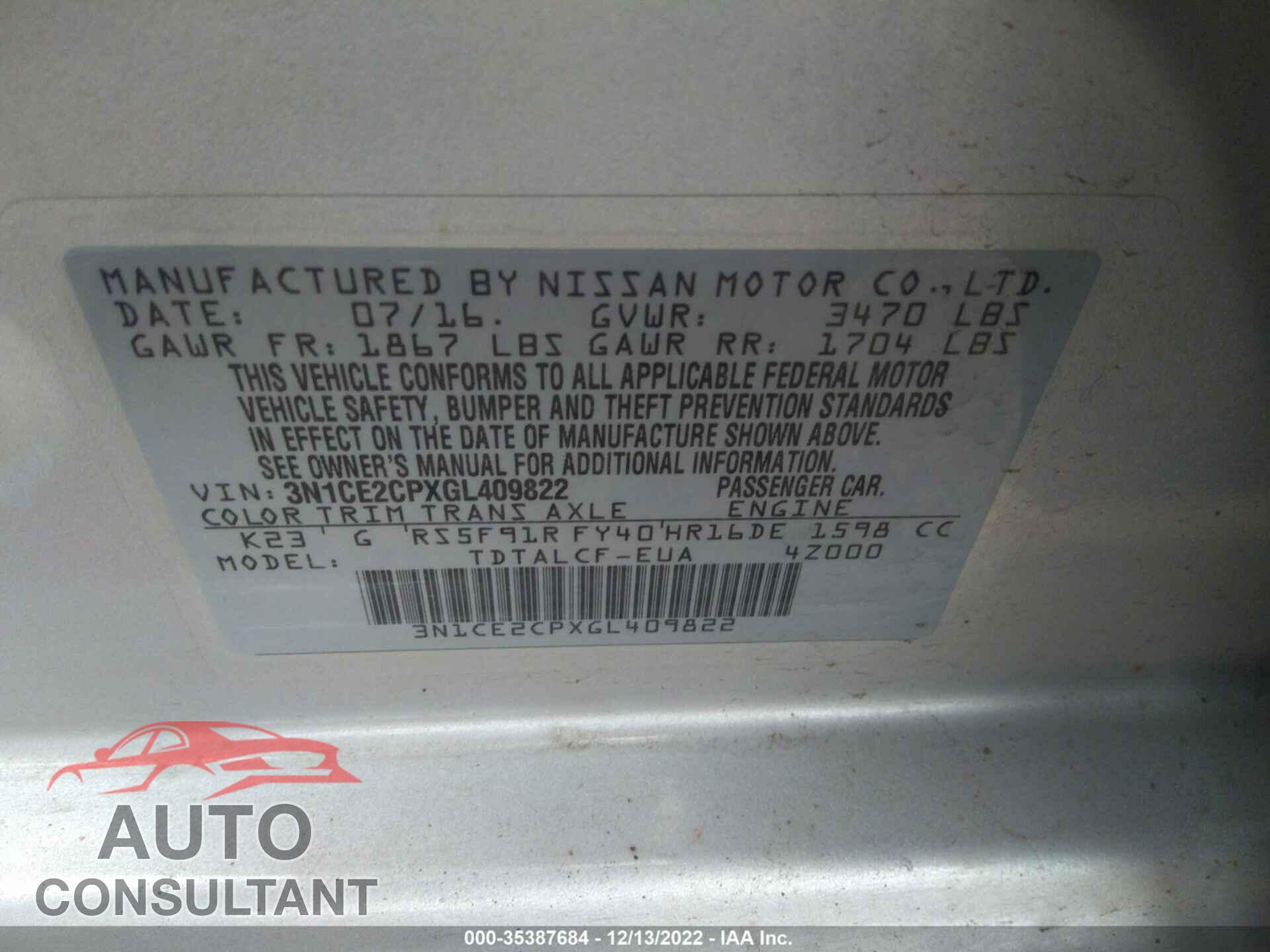 NISSAN VERSA NOTE 2016 - 3N1CE2CPXGL409822