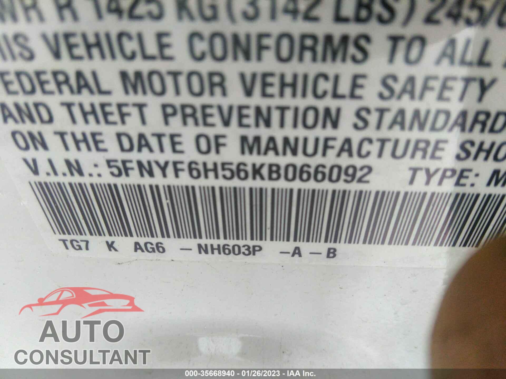 HONDA PILOT 2019 - 5FNYF6H56KB066092