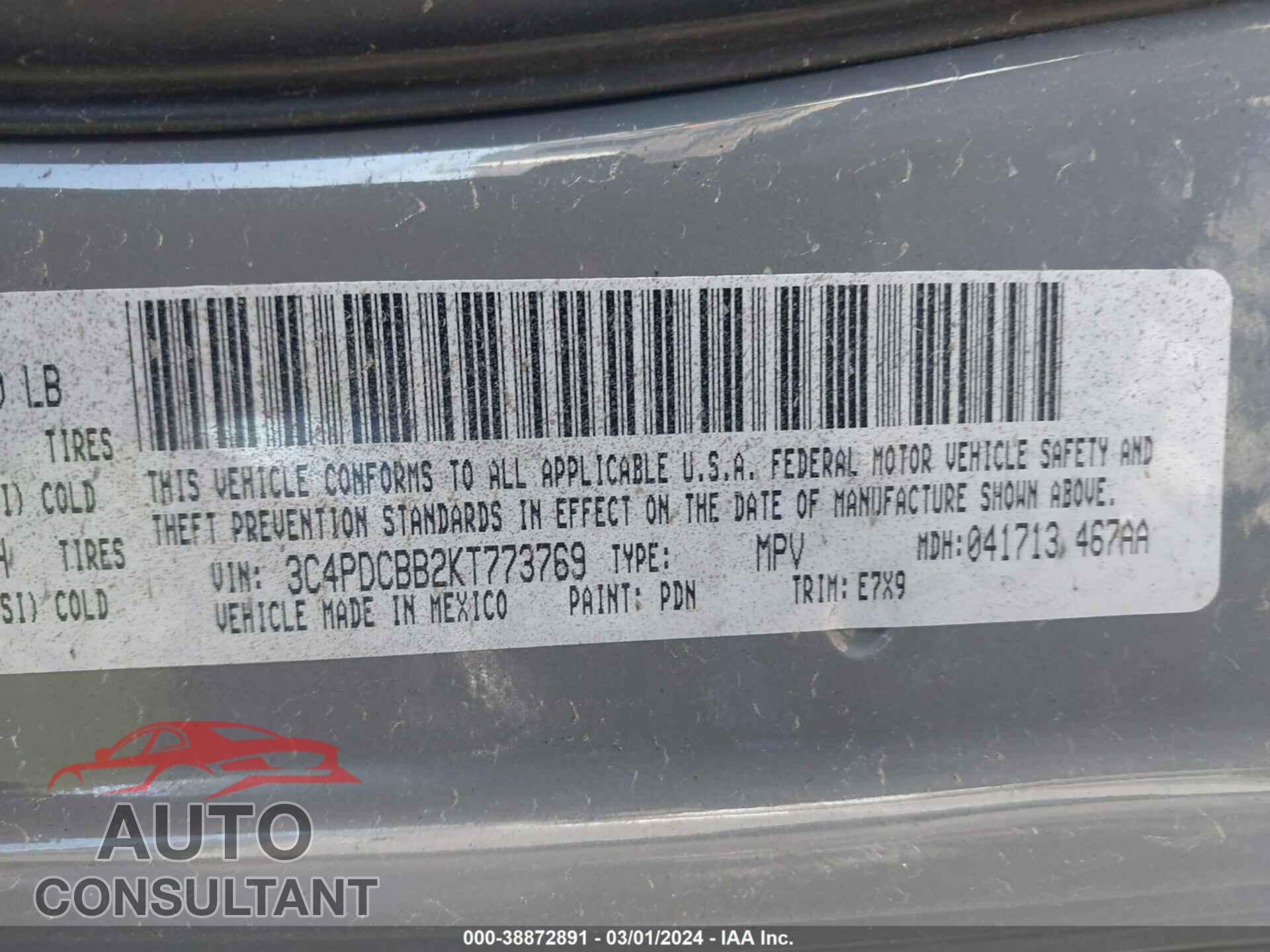 DODGE JOURNEY 2019 - 3C4PDCBB2KT773769
