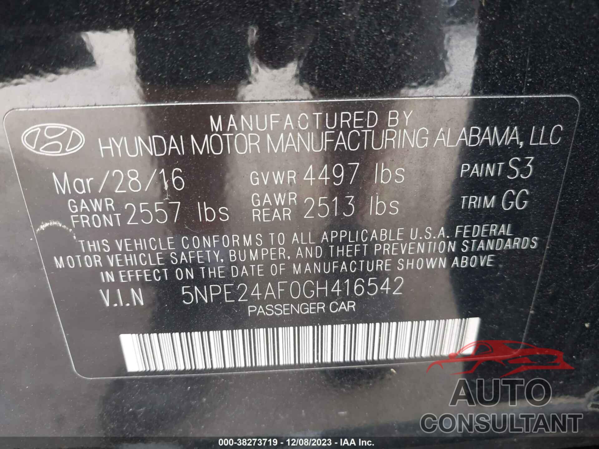 HYUNDAI SONATA 2016 - 5NPE24AF0GH416542