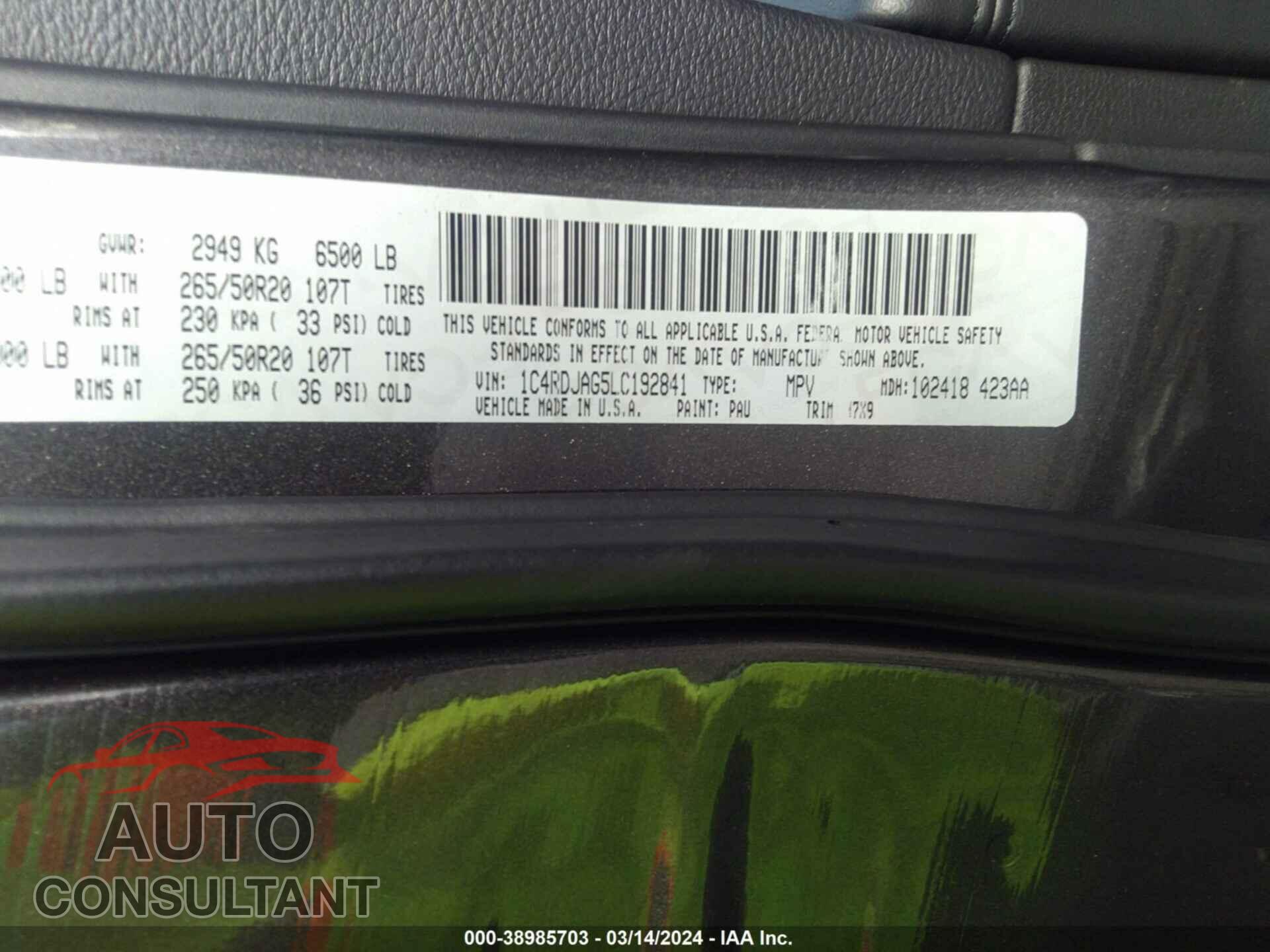 DODGE DURANGO 2020 - 1C4RDJAG5LC192841