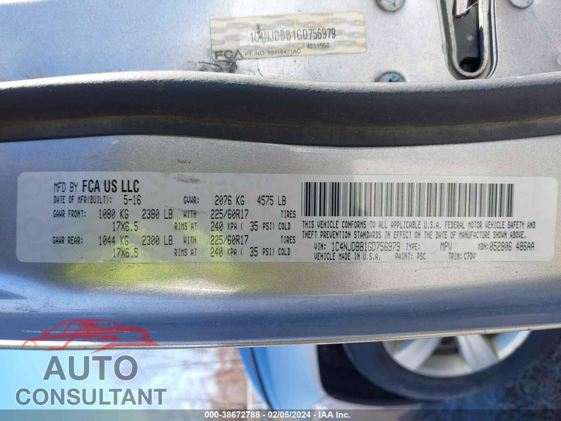 JEEP COMPASS 2016 - 1C4NJDBB1GD756979