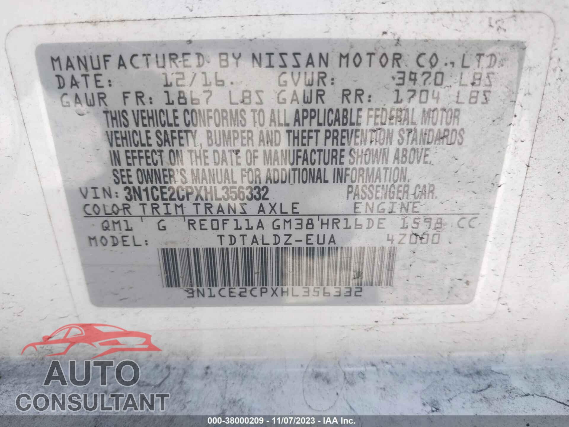 NISSAN VERSA NOTE 2017 - 3N1CE2CPXHL356332