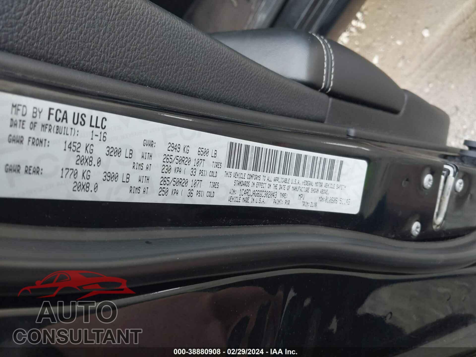 DODGE DURANGO 2016 - 1C4RDJAG6GC302043