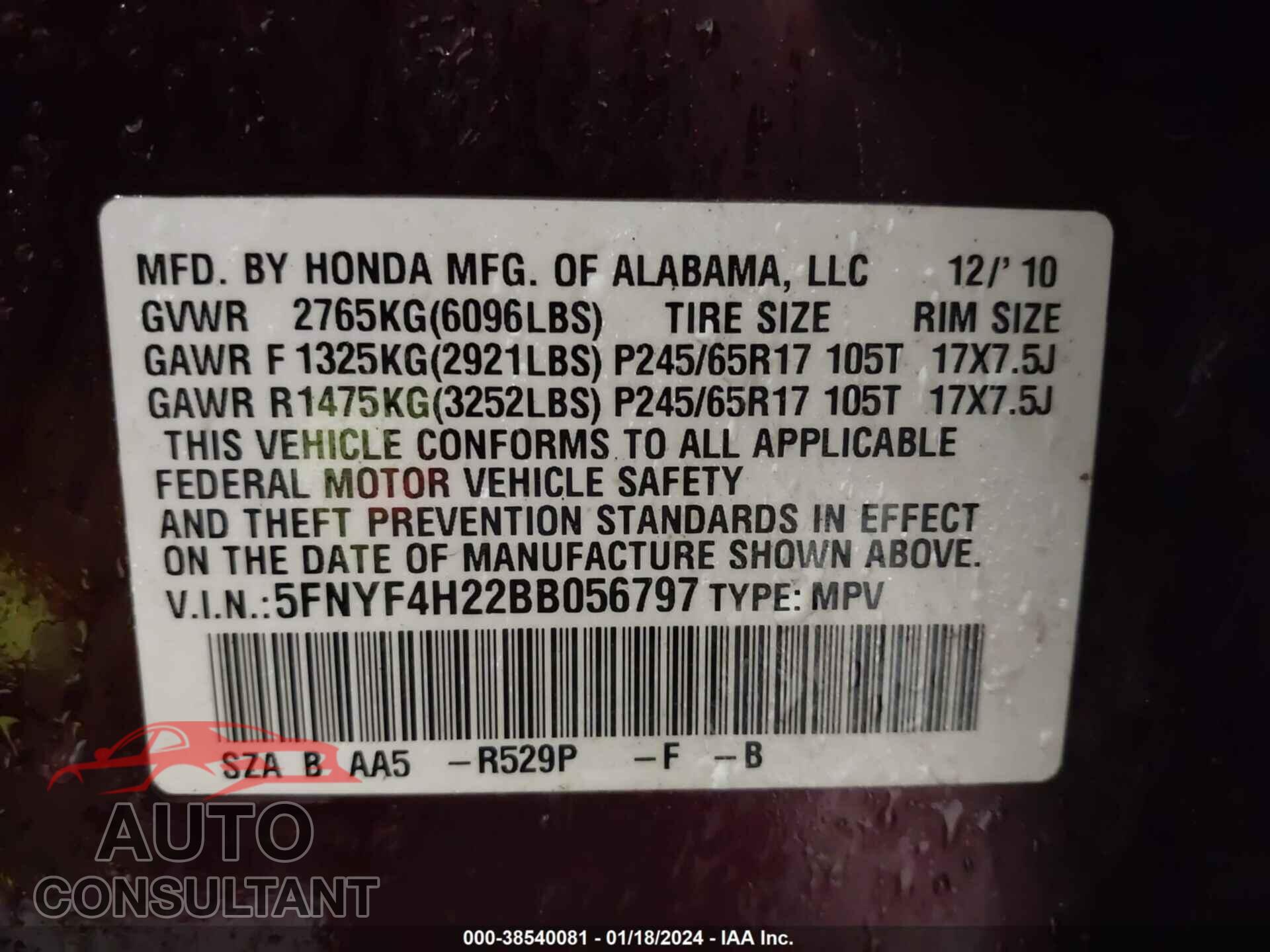 HONDA PILOT 2011 - 5FNYF4H22BB056797