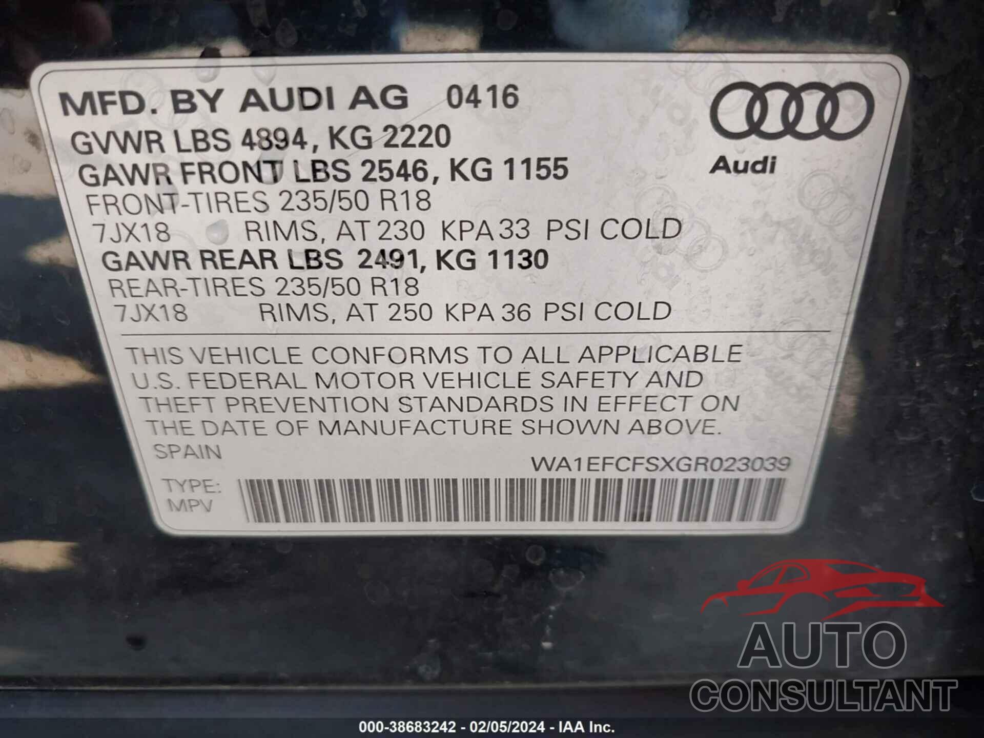 AUDI Q3 2016 - WA1EFCFSXGR023039