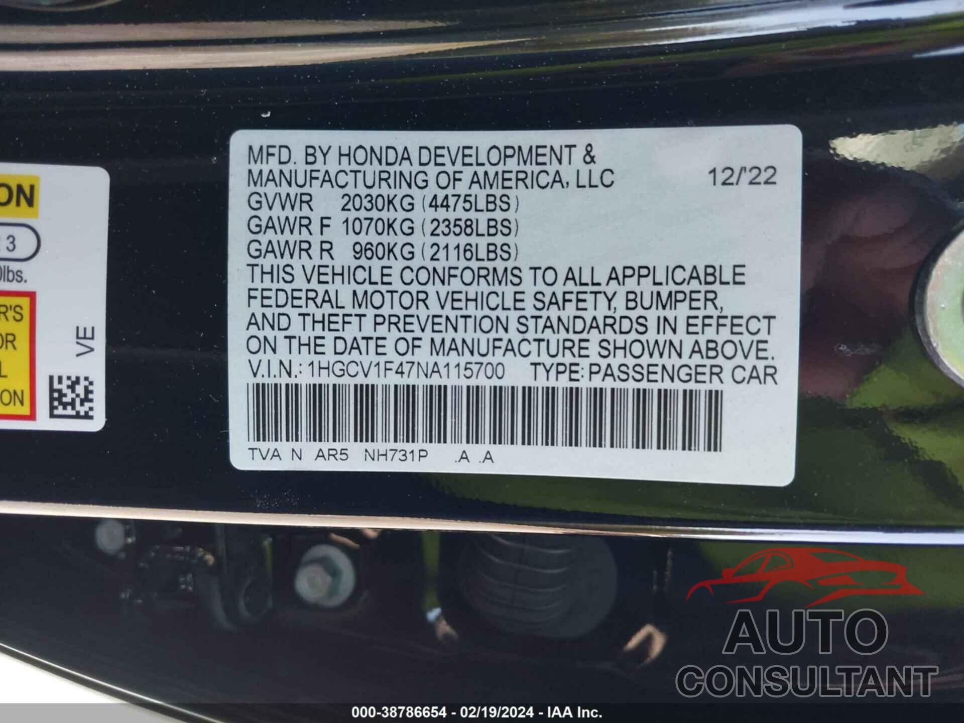 HONDA ACCORD 2022 - 1HGCV1F47NA115700