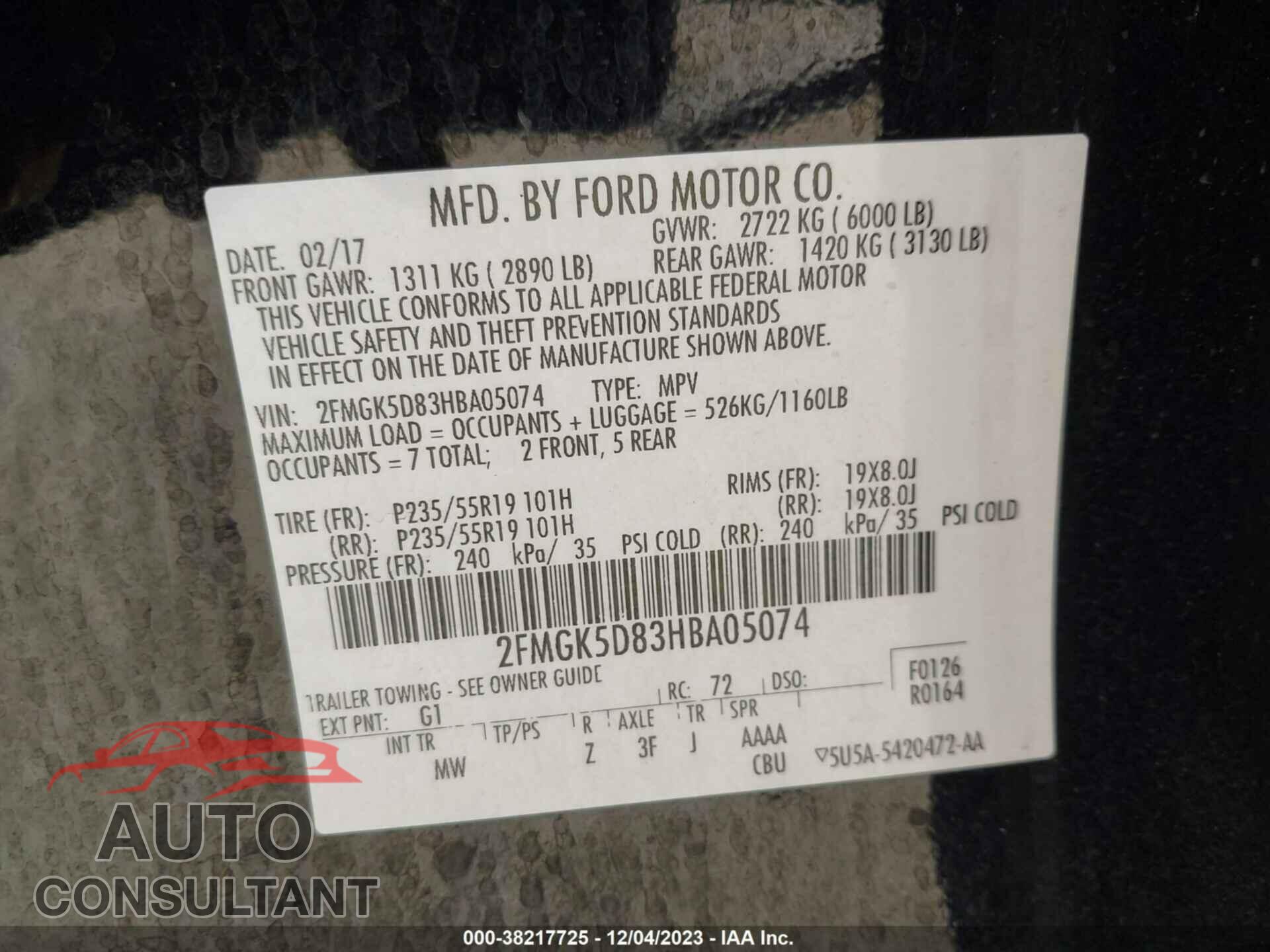 FORD FLEX 2017 - 2FMGK5D83HBA05074