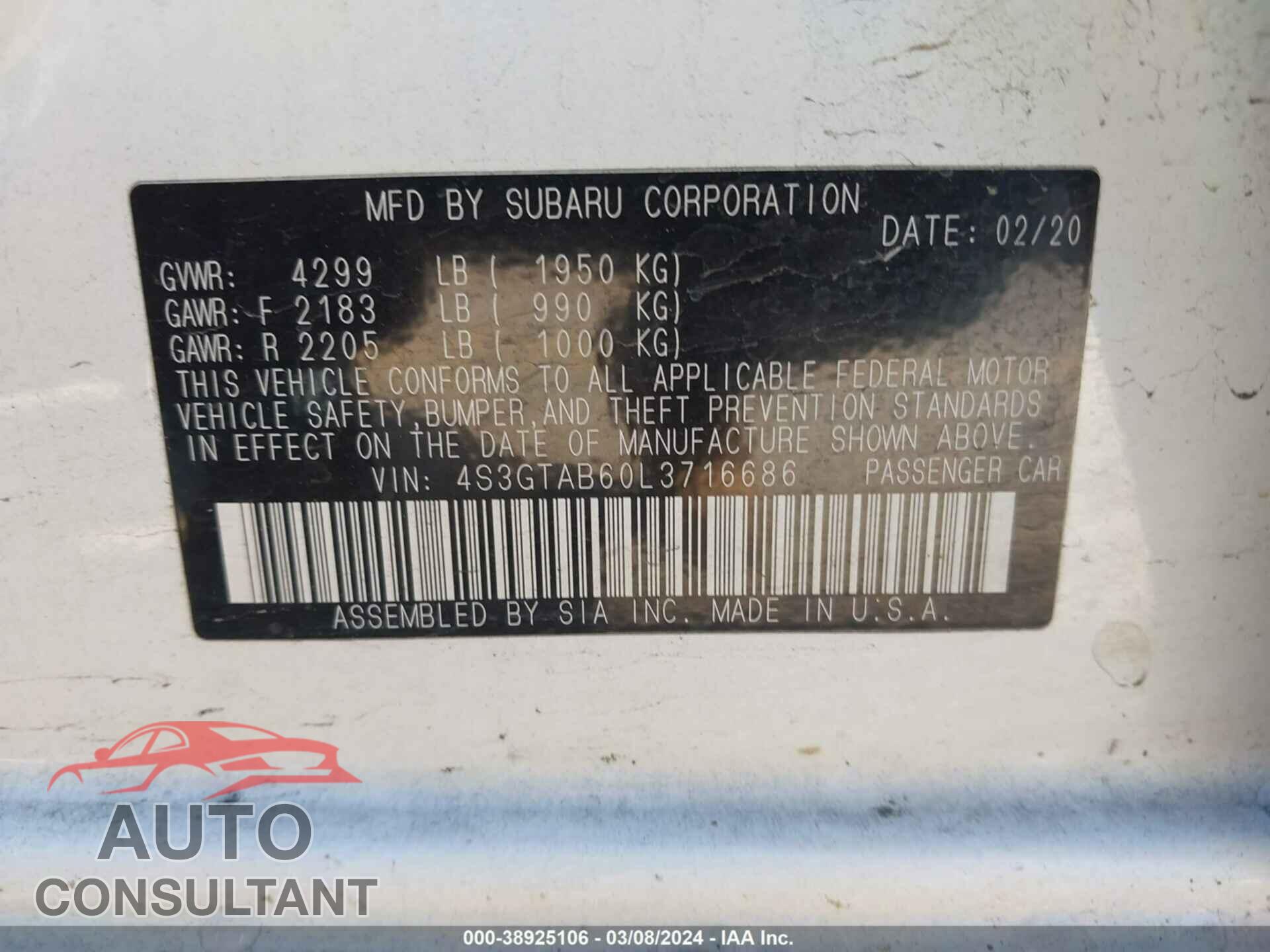 SUBARU IMPREZA 2020 - 4S3GTAB60L3716686
