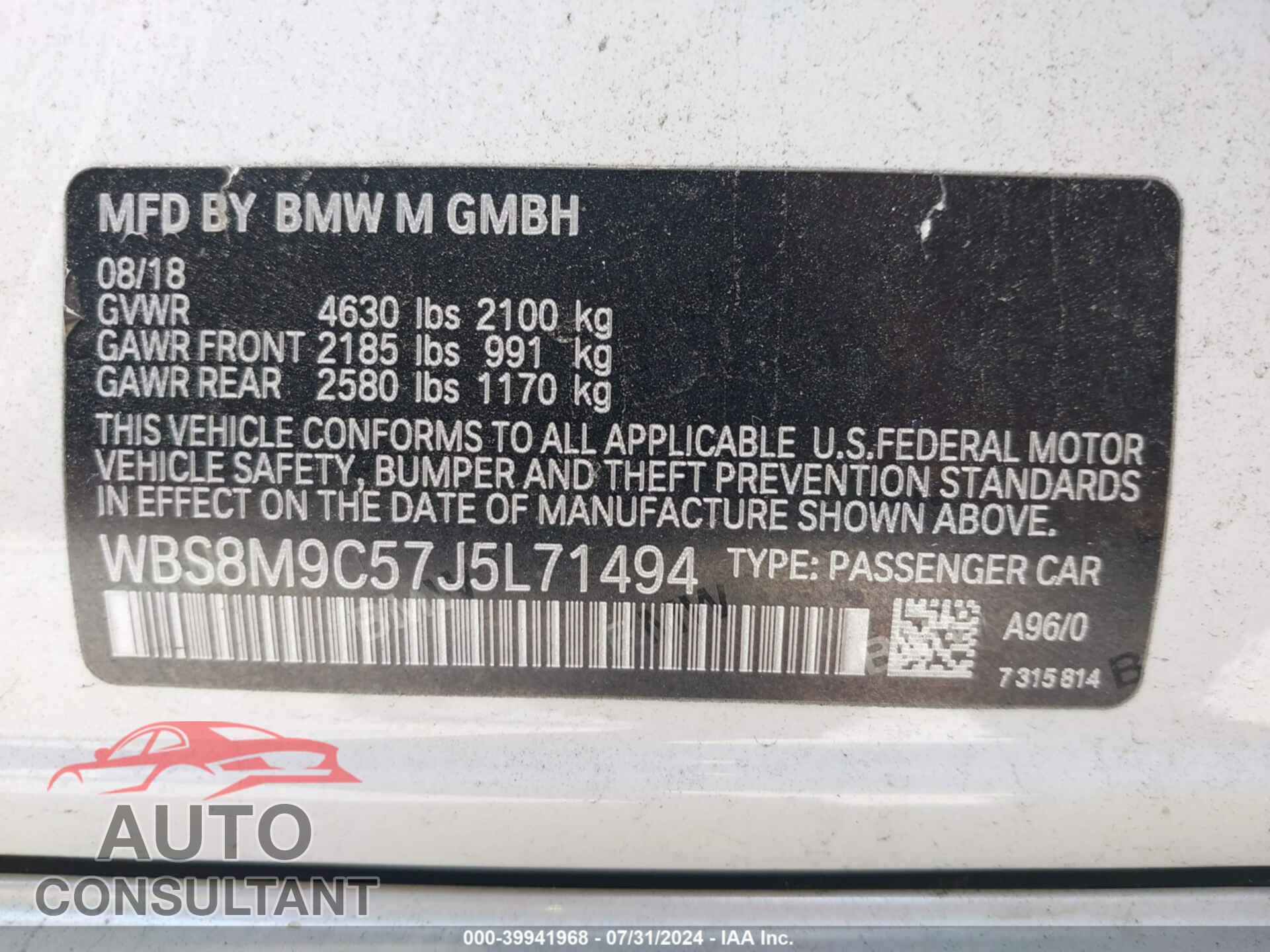 BMW M3 2018 - WBS8M9C57J5L71494