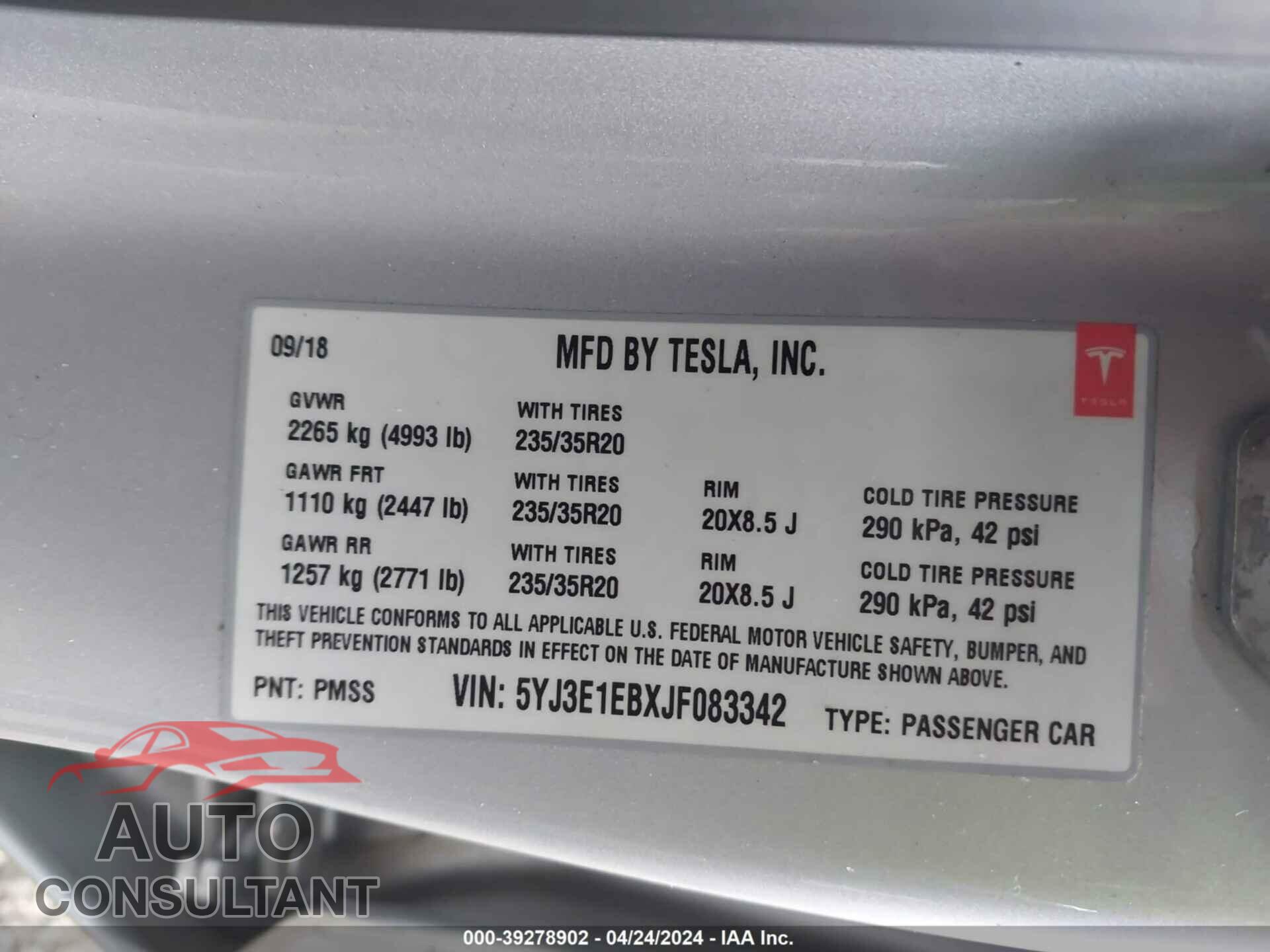 TESLA MODEL 3 2018 - 5YJ3E1EBXJF083342