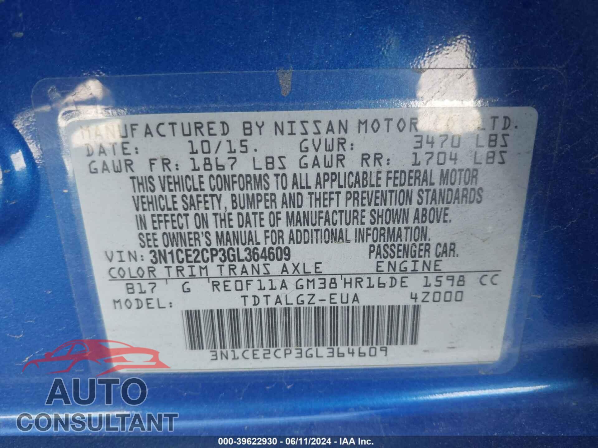 NISSAN VERSA NOTE 2016 - 3N1CE2CP3GL364609