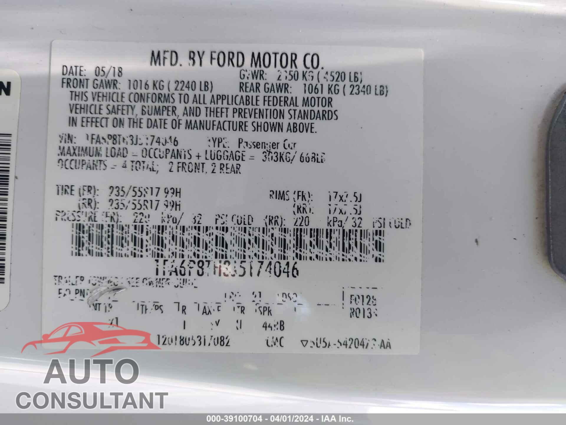 FORD MUSTANG 2018 - 1FA6P8TH3J5174046